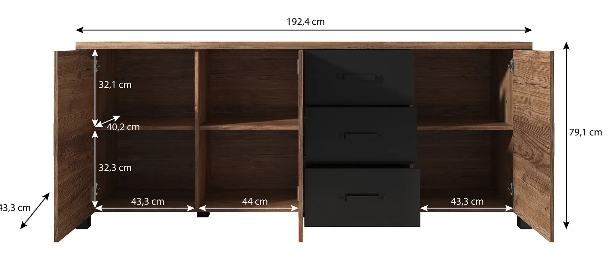 Olivia - Dressoir - Zwart/eiken - 192x43x79 cm