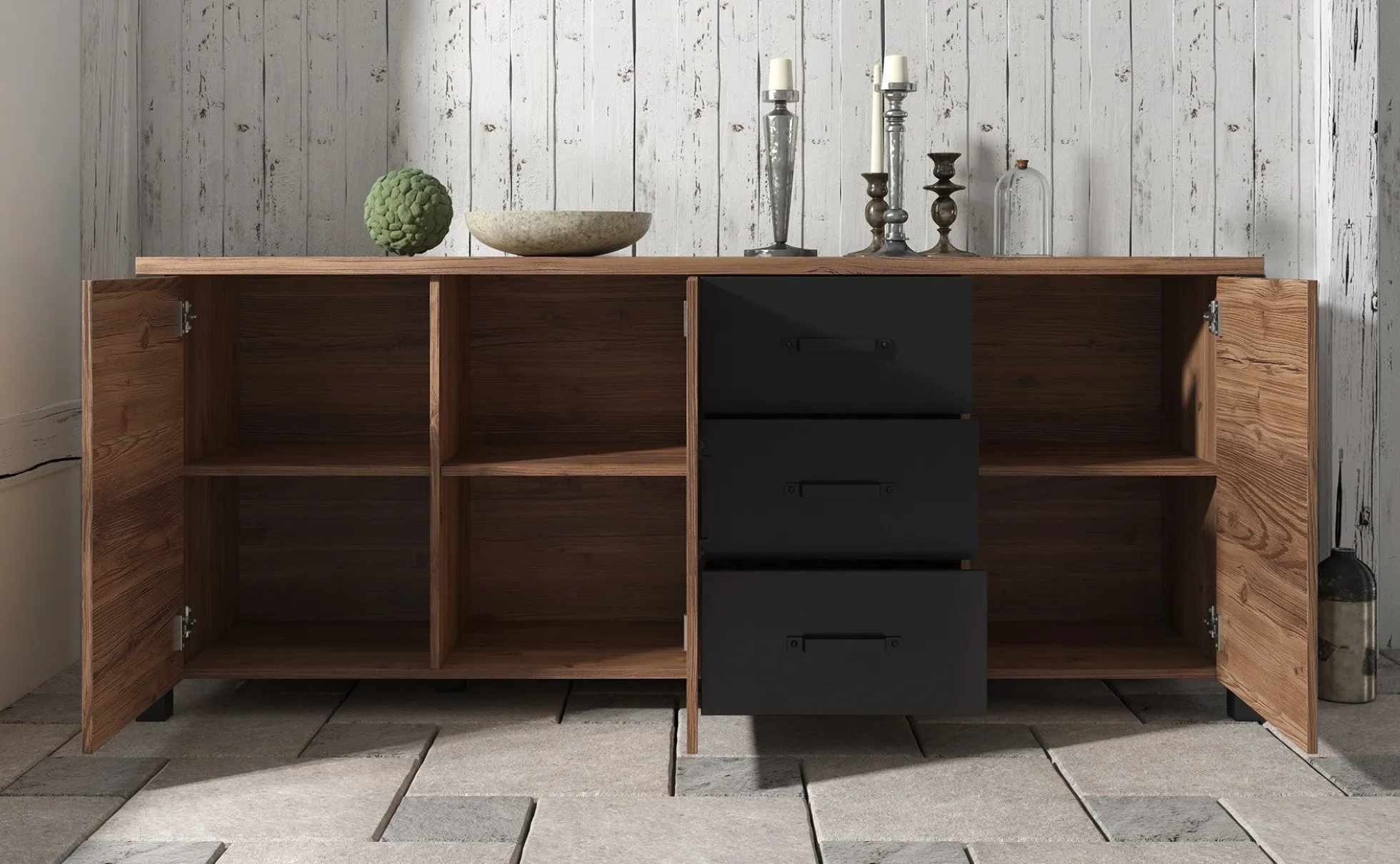 Olivia - Dressoir - Zwart/eiken - 192x43x79 cm