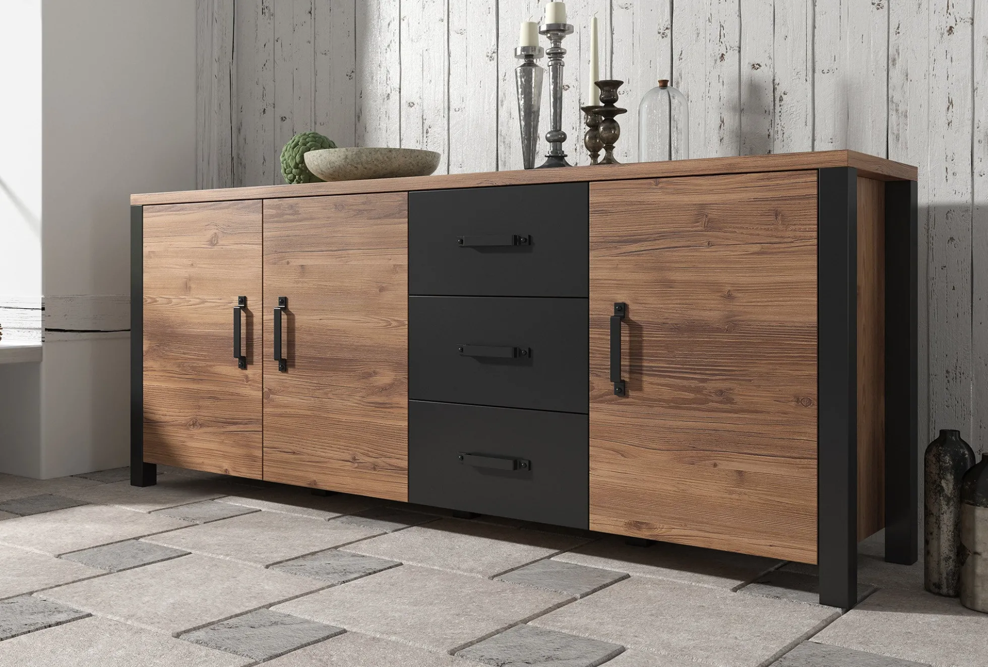 Olivia - Dressoir - Zwart/eiken - 192x43x79 cm