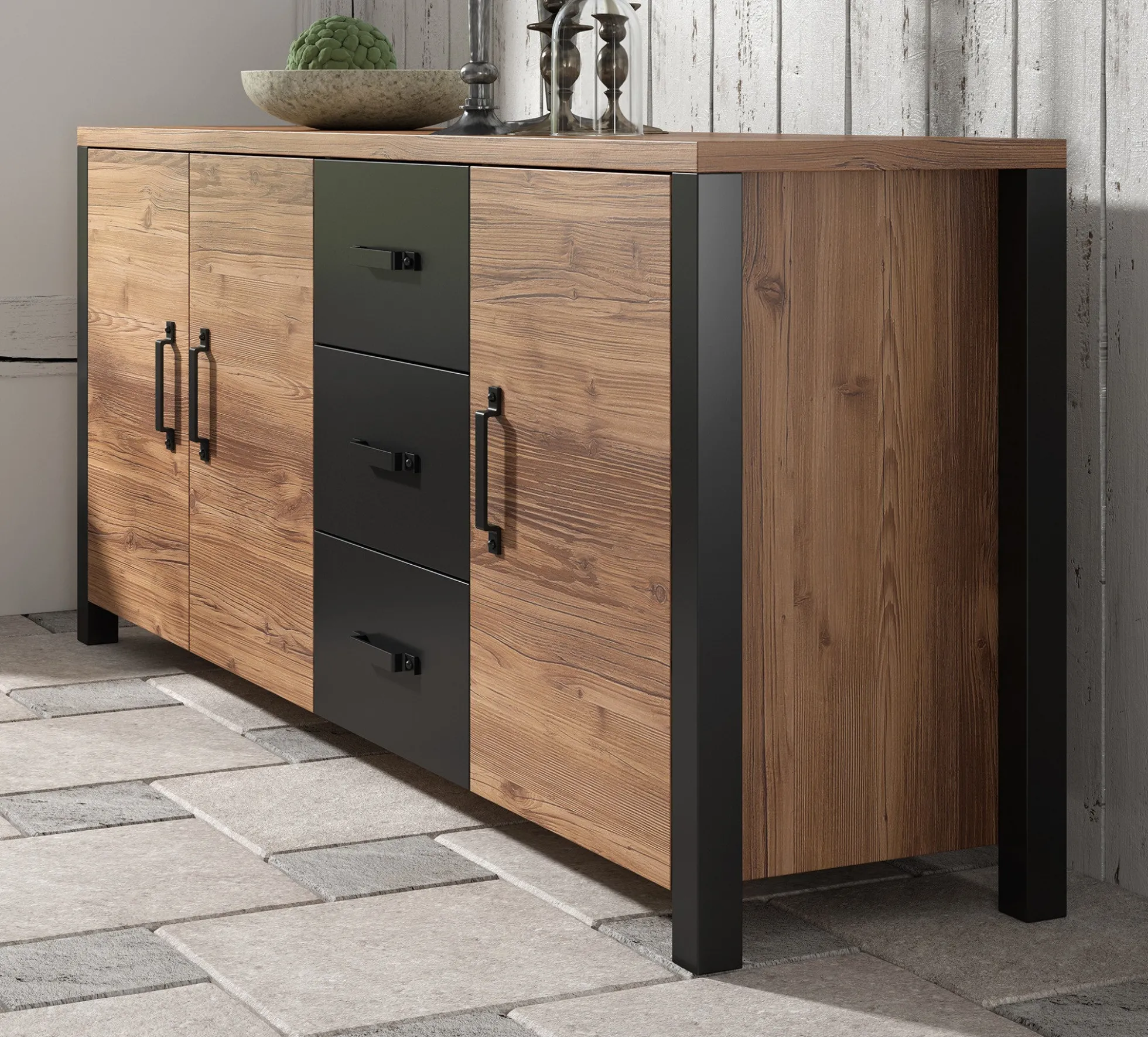 Olivia - Dressoir - Zwart/eiken - 192x43x79 cm