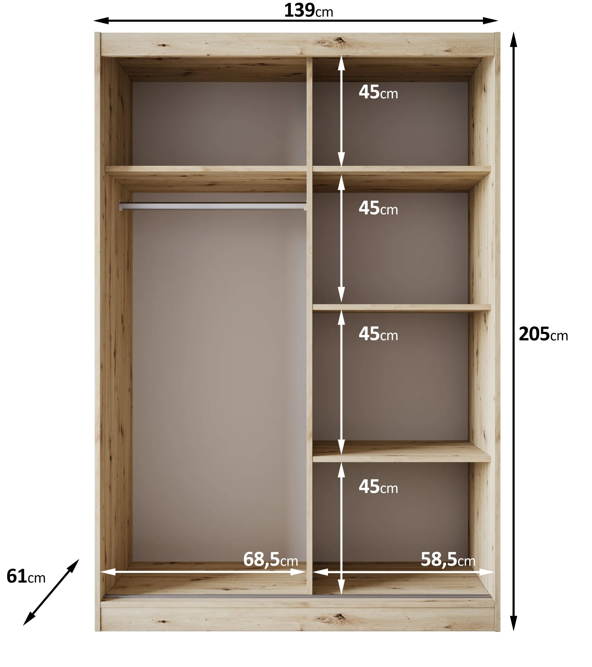 Olly - Kledingkast met schuifdeuren - Eiken - 139x61x205 cm