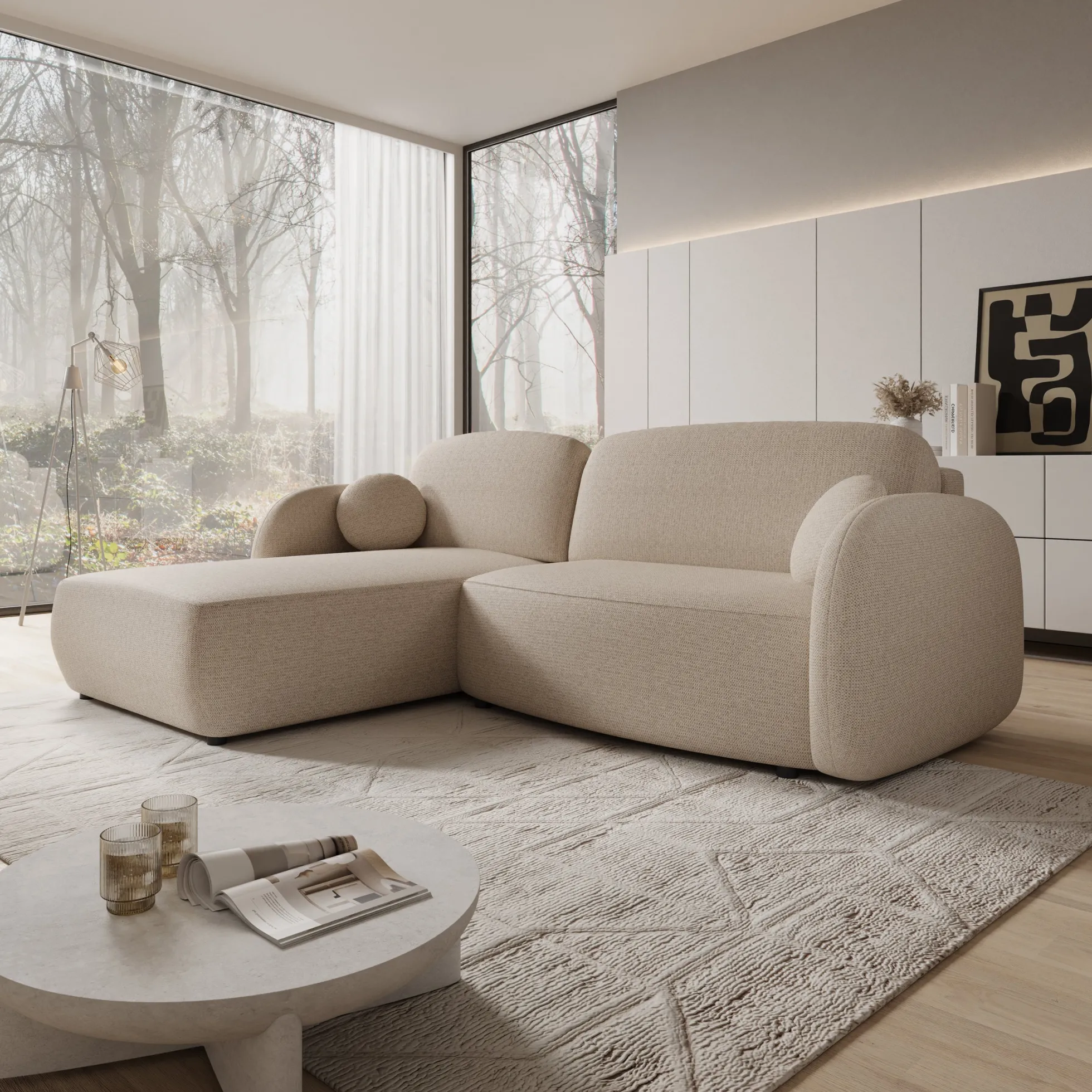 Ometa - Hoekbank 3-zits met slaapfunctie - Stof beige