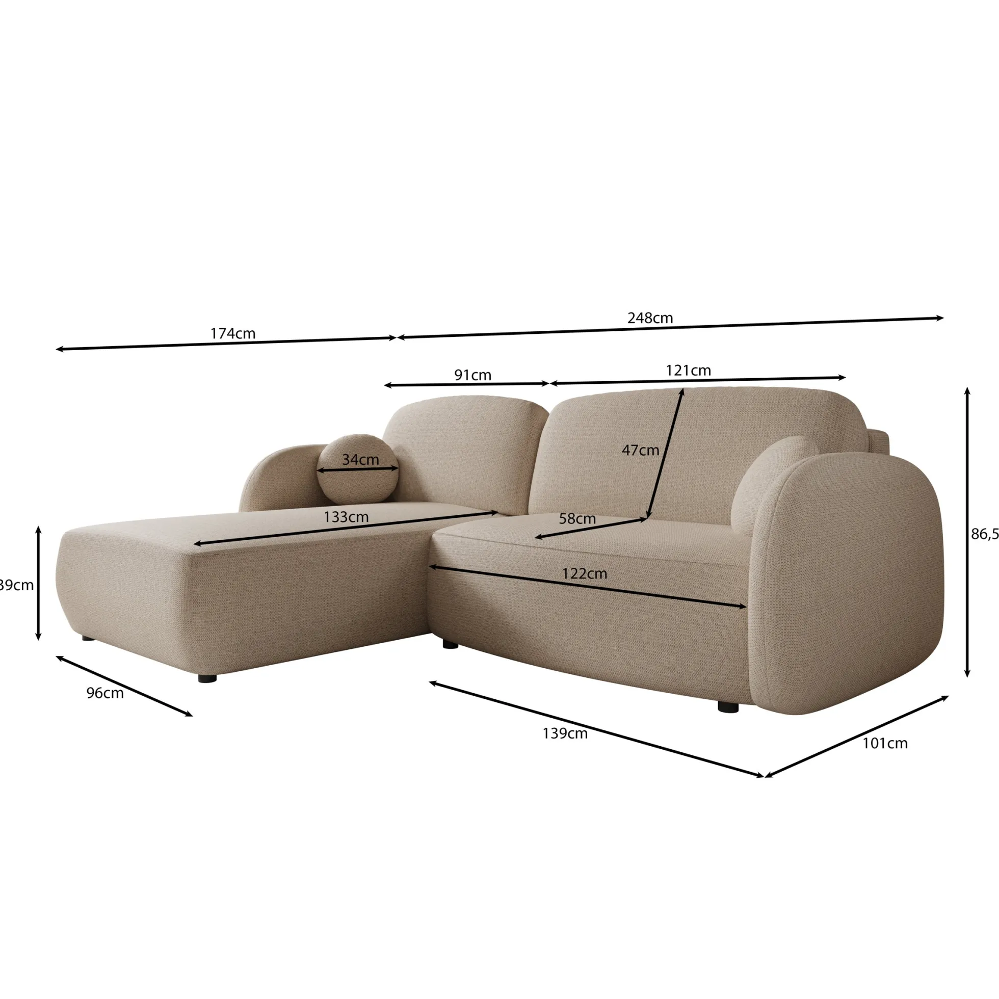 Ometa - Hoekbank 3-zits met slaapfunctie - Stof beige