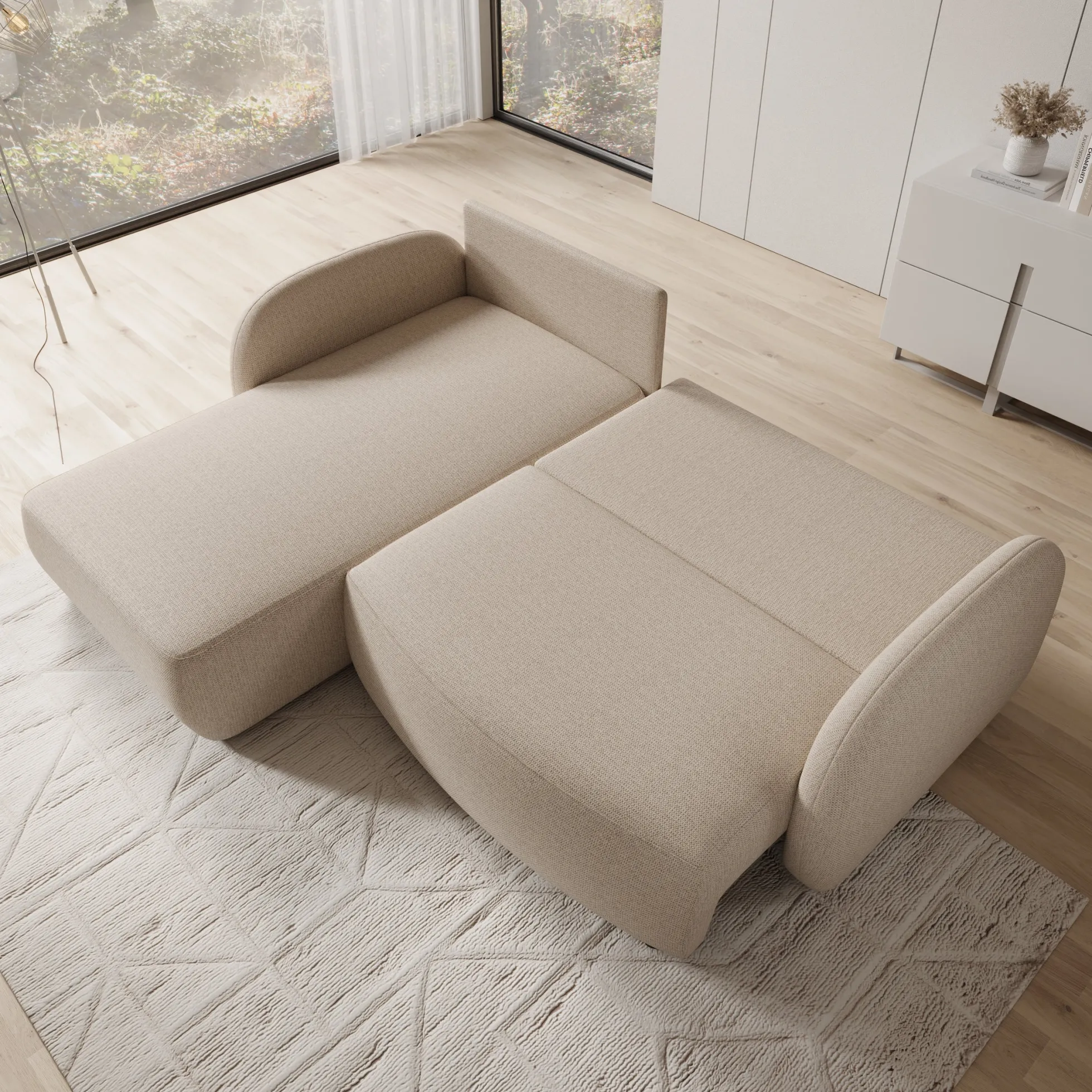 Ometa - Hoekbank 3-zits met slaapfunctie - Stof beige