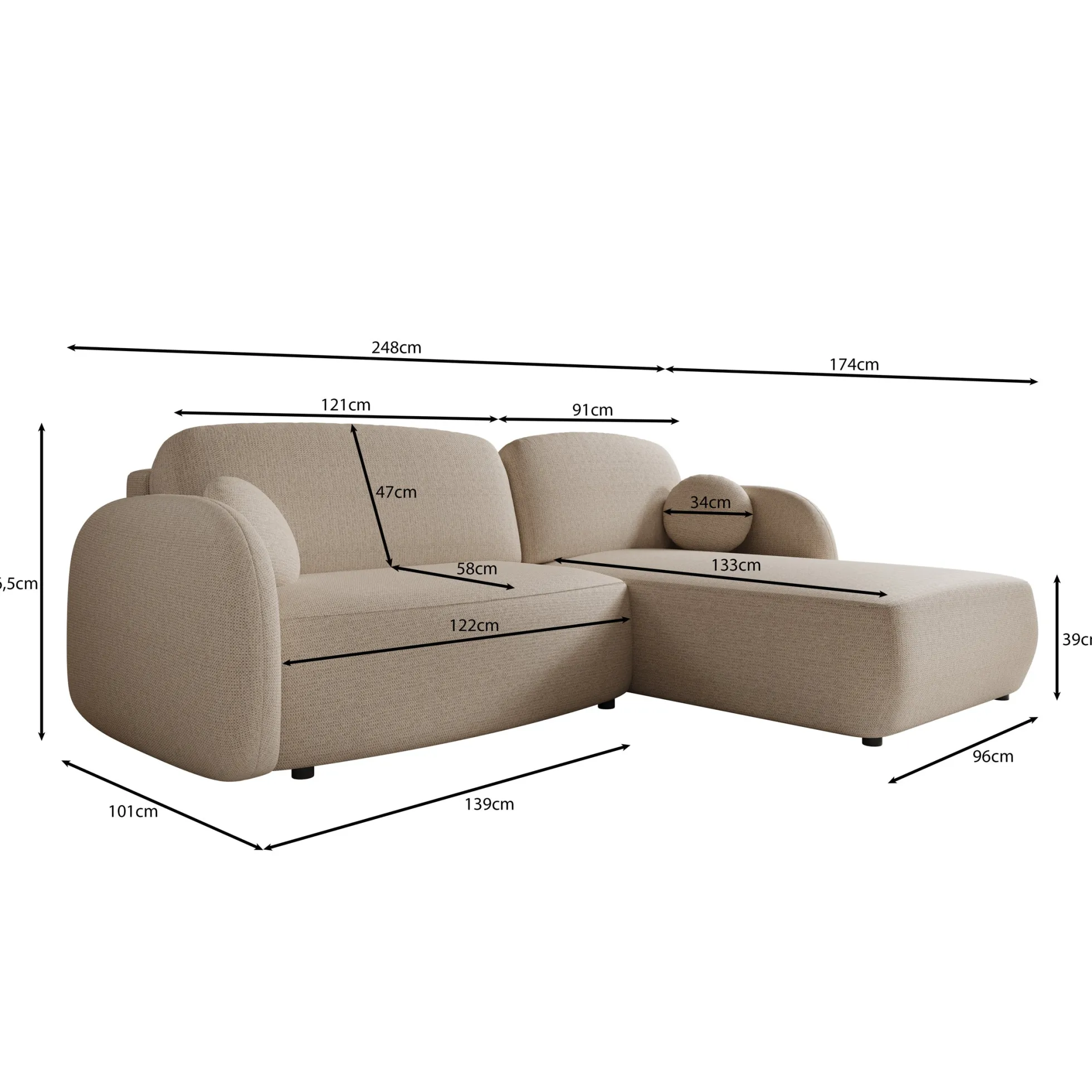 Ometa - Hoekbank 3-zits met slaapfunctie - Teddystof beige