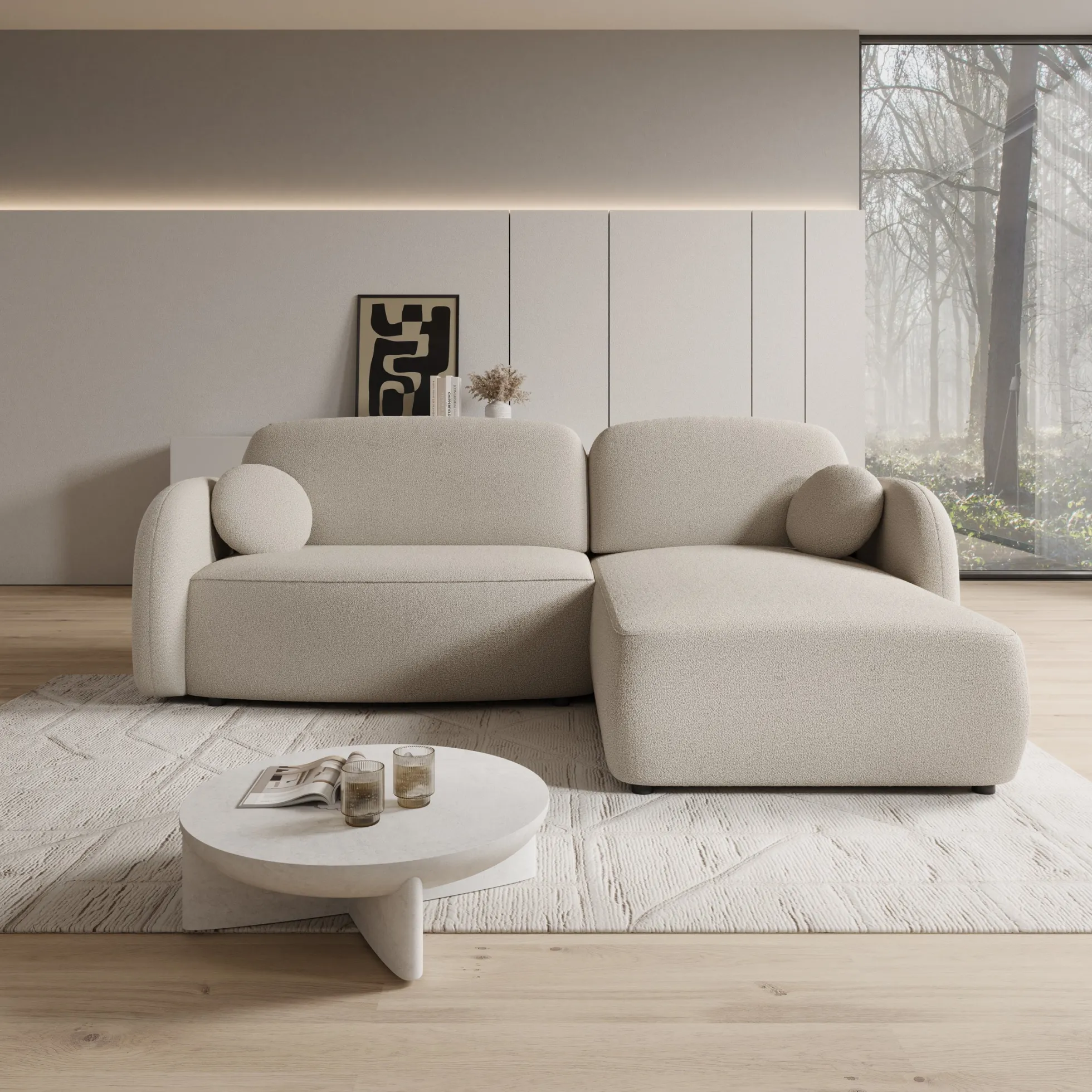 Ometa - Hoekbank 3-zits met slaapfunctie - Teddystof beige