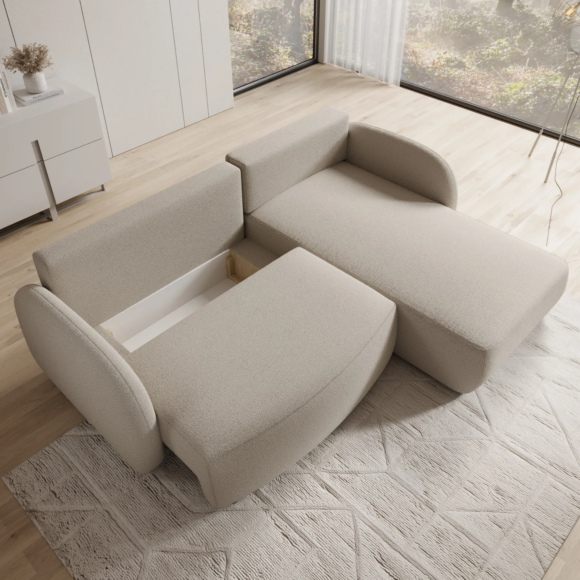 Ometa - Hoekbank 3-zits met slaapfunctie - Teddystof beige