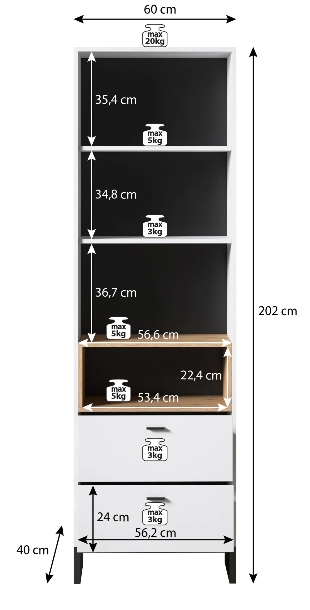 Ozzy - Boekenkast - Eiken/zwart - 60x40x202 cm