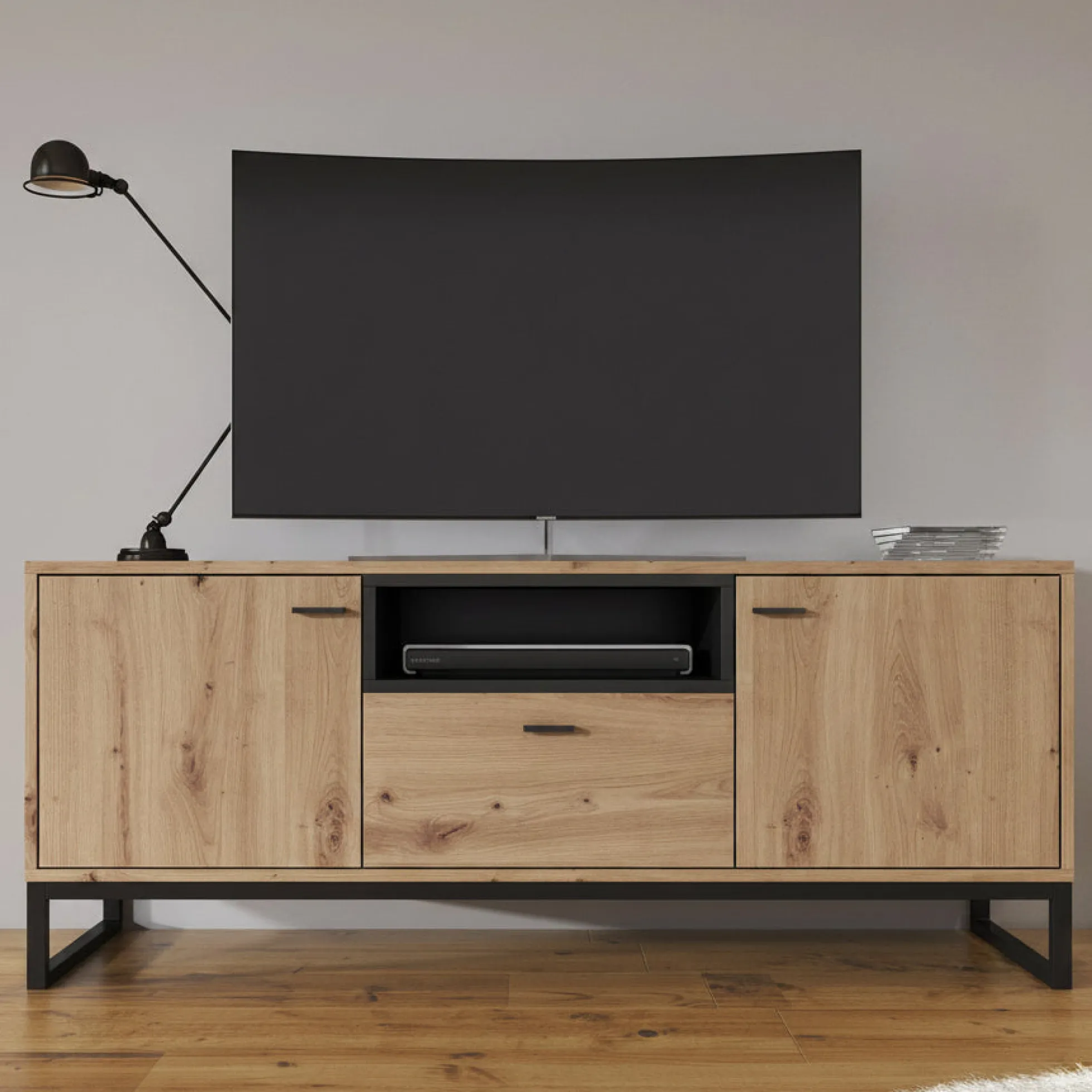 Ozzy - TV-Meubel met 2 deuren - Eiken/zwart - 135x40x55cm