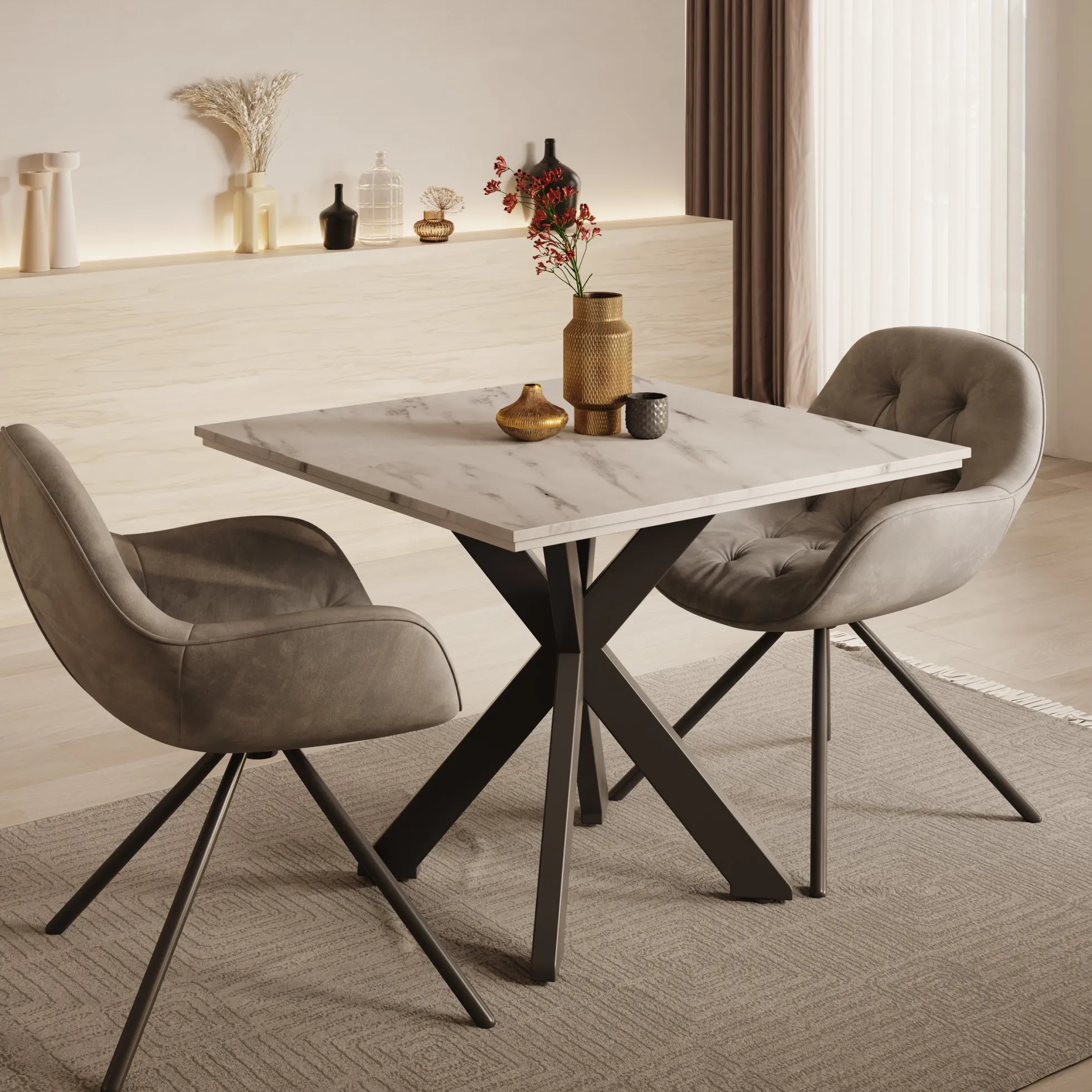 Pacey - Eetkamertafel - Wit marmerlook - 90x90x74 cm
