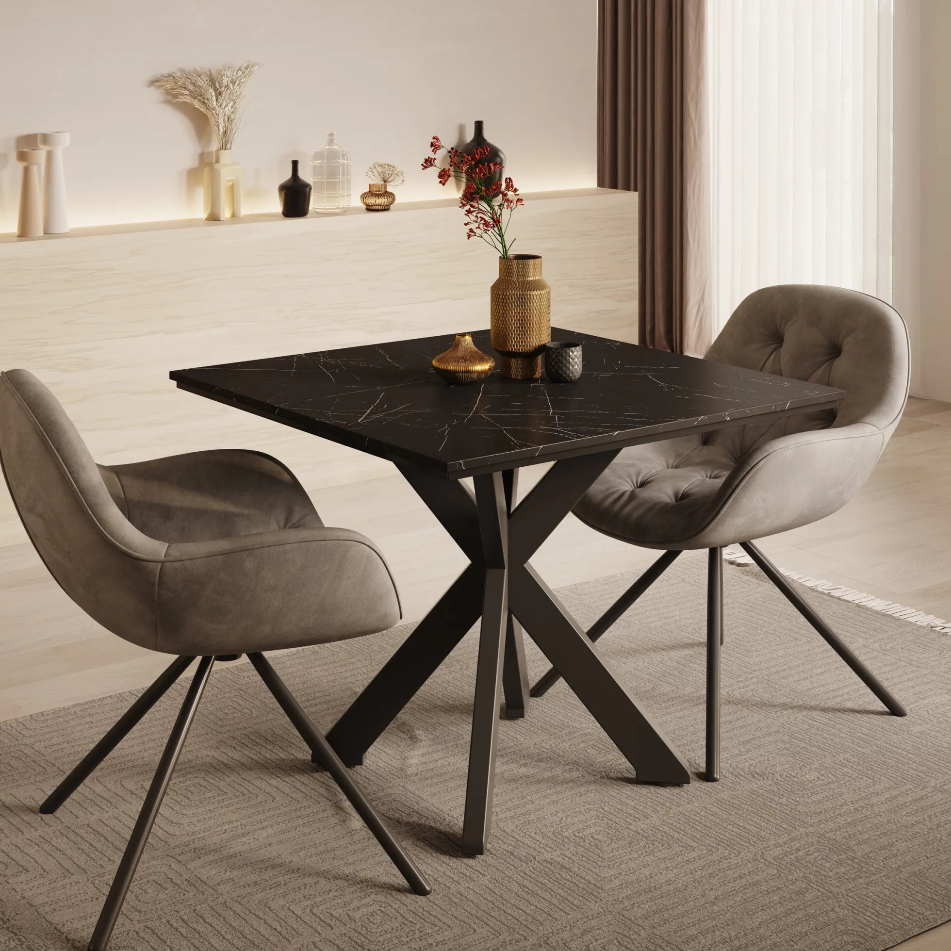 Pacey - Eetkamertafel - Zwart marmerlook - 90x90x74 cm