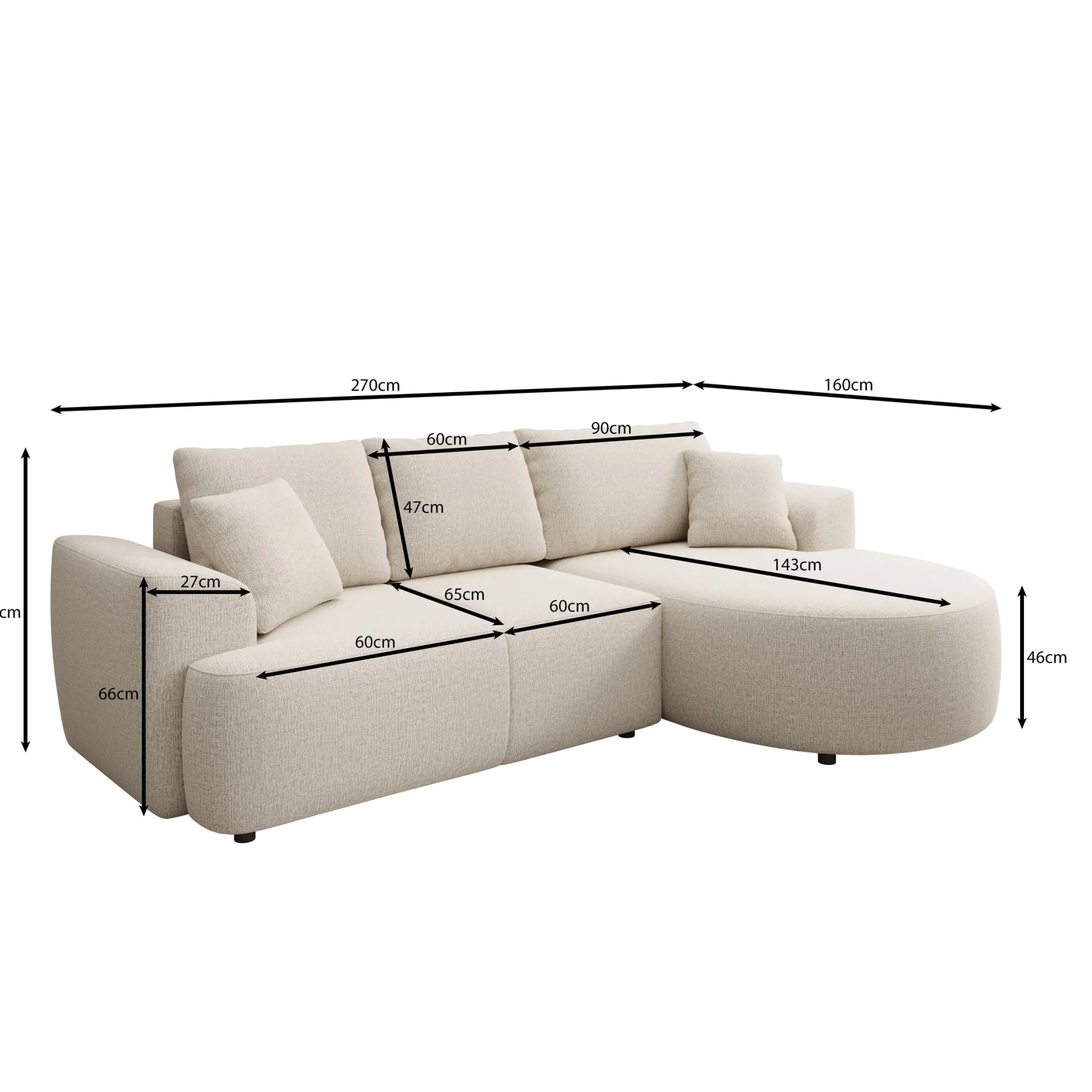 Palladio - Hoekbank 3-zits met chaise longue - Stof beige - Rechts