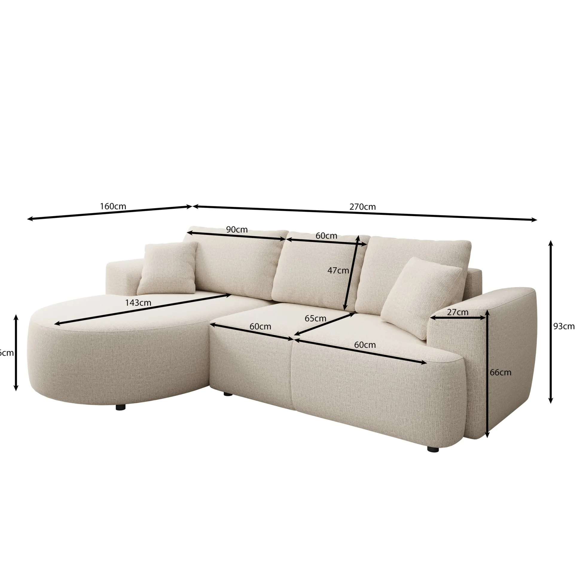 Palladio - Hoekbank 3-zits met chaise longue - Stof zwart - Links