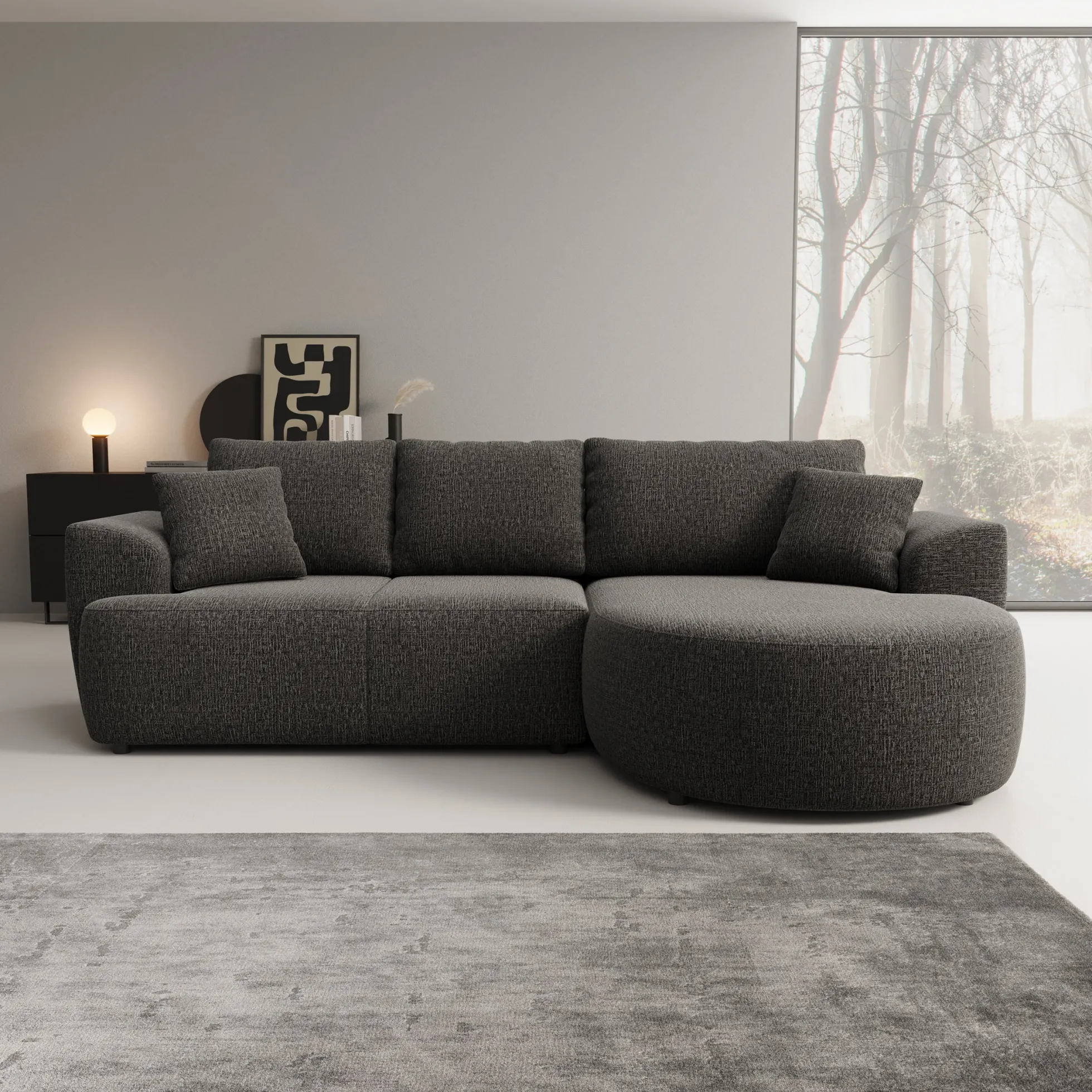 Palladio - Hoekbank 3-zits met chaise longue - Stof zwart - Rechts