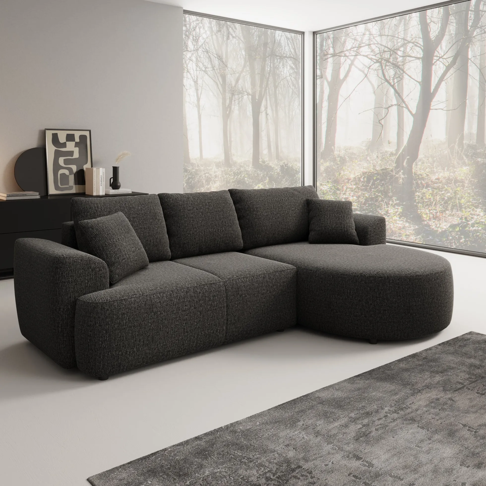Palladio - Hoekbank 3-zits met chaise longue - Stof zwart - Rechts