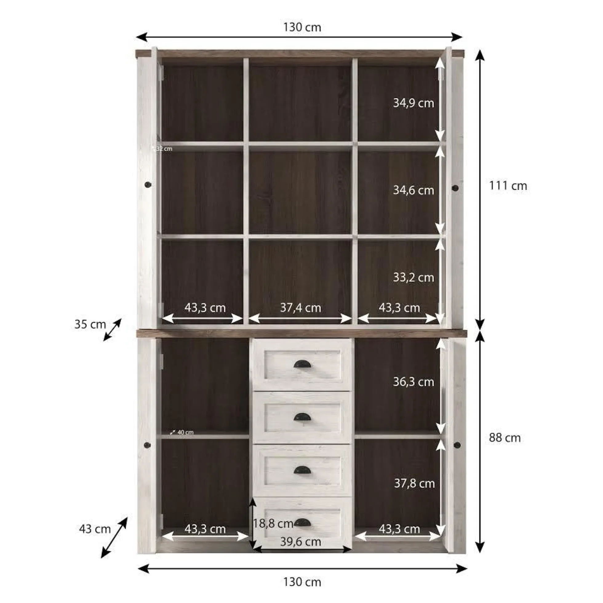 Parello 2 - Buffetkast - Wit/eiken - 130x43x199 cm