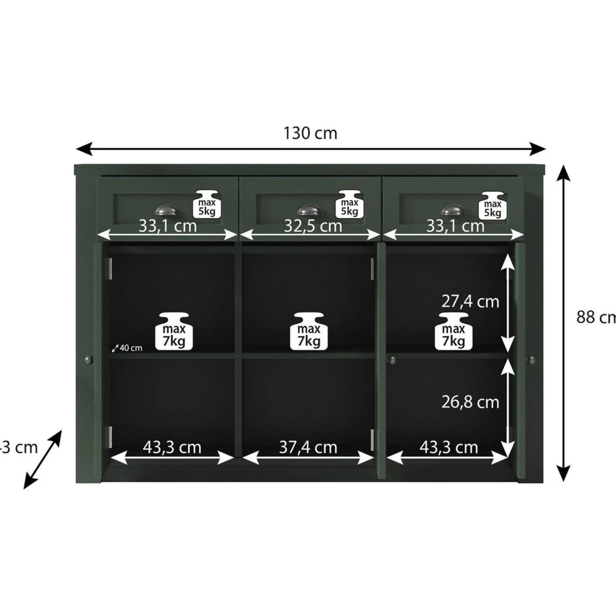 Parello 3 - Dressoir - Groen - 130x43x88 cm