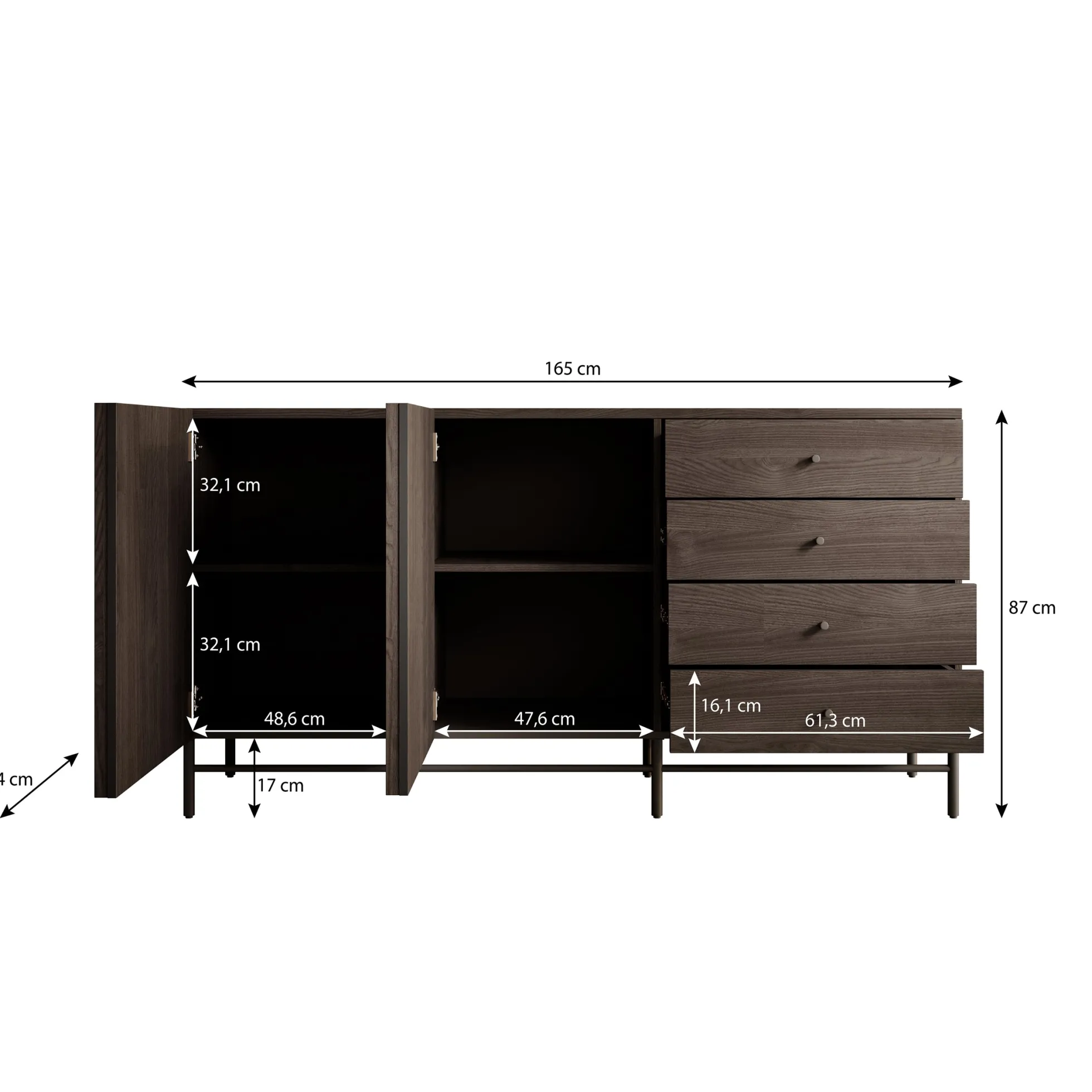 Paz - Dressoir - Donker eiken - 165x44x87 cm