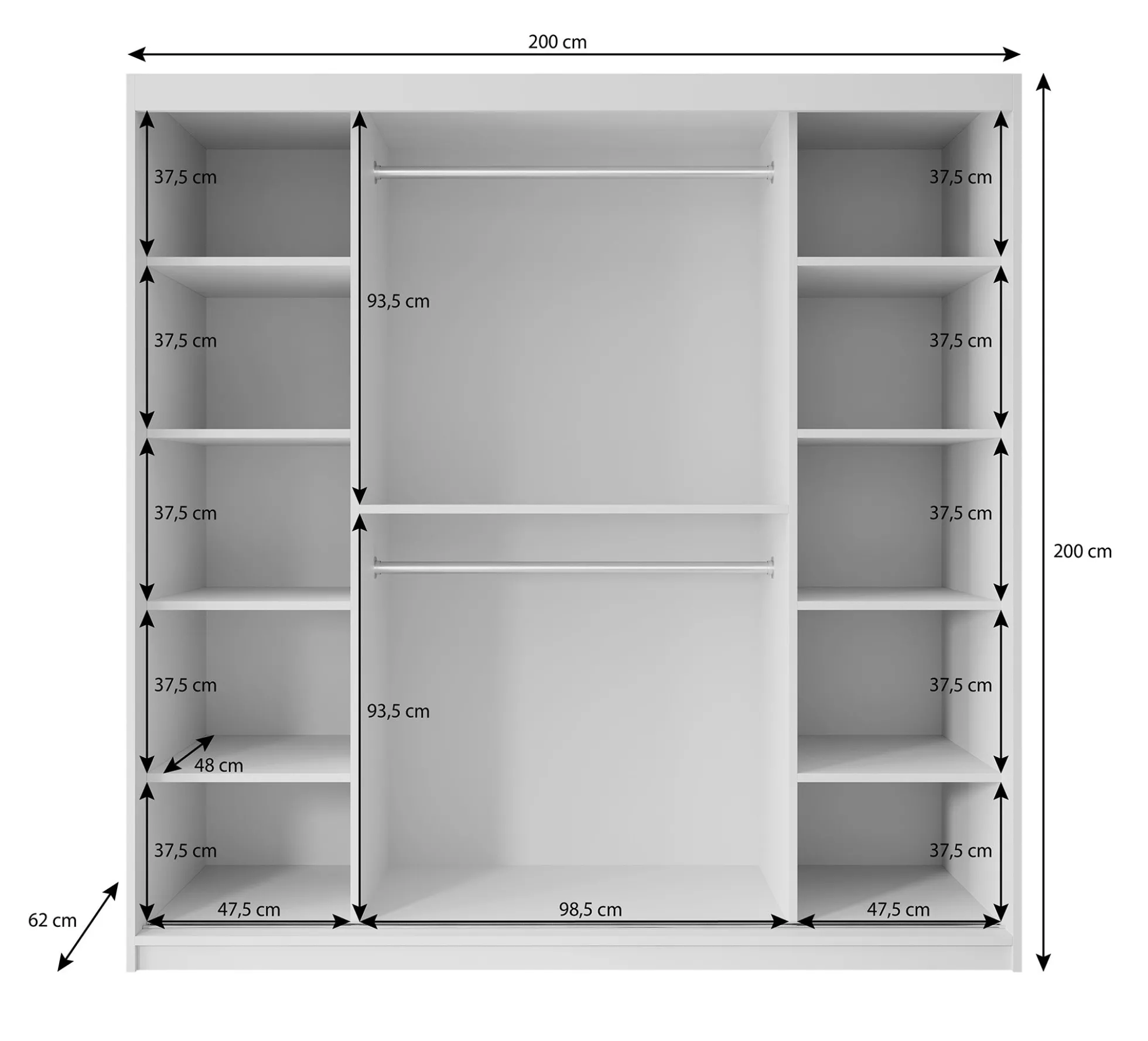 Pete - Kledingkast met schuifdeuren - Zwart - 200x62x200 cm