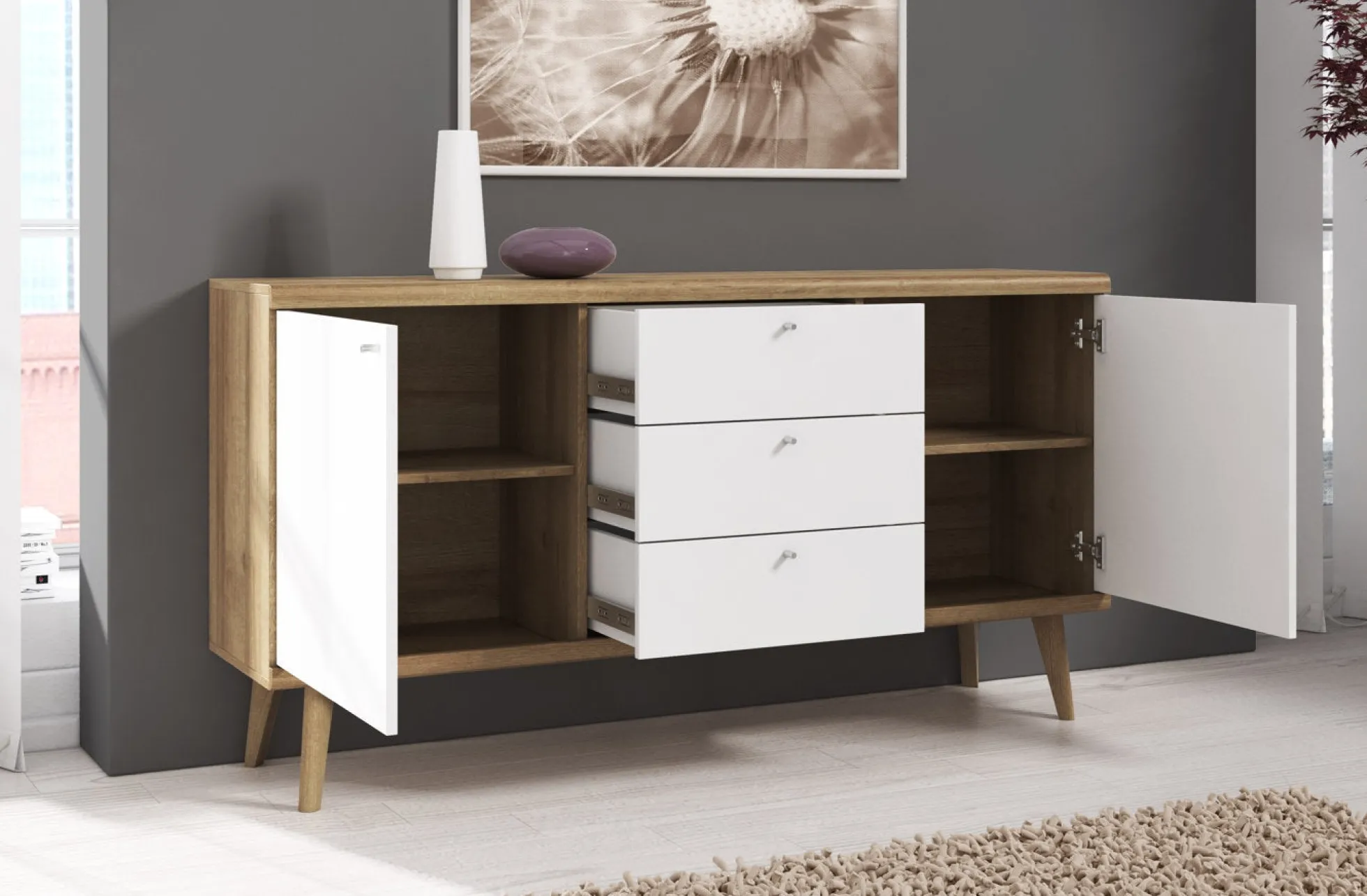 Primavera - Dressoir - Wit/licht eiken - 160x40x83 cm