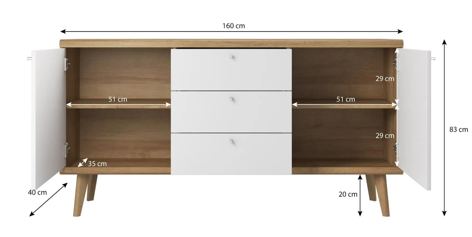 Primavera - Dressoir - Wit/licht eiken - 160x40x83 cm