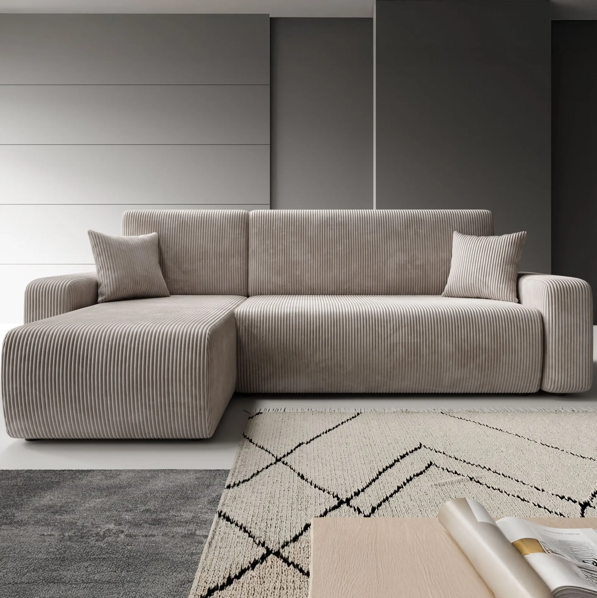 Prudence - Hoekbank 3-zits met chaise longue - Ribstof beige - Univers