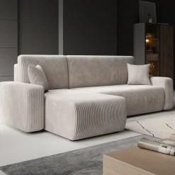Prudence - Hoekbank 3-zits met chaise longue - Ribstof beige - Univers