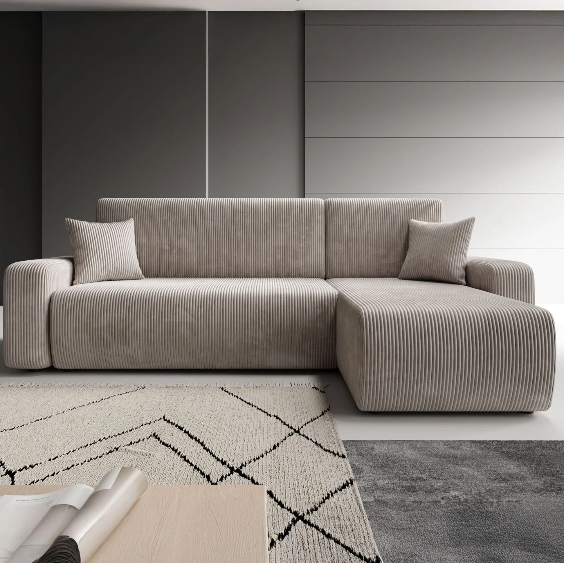 Prudence - Hoekbank 3-zits met chaise longue - Ribstof beige - Univers