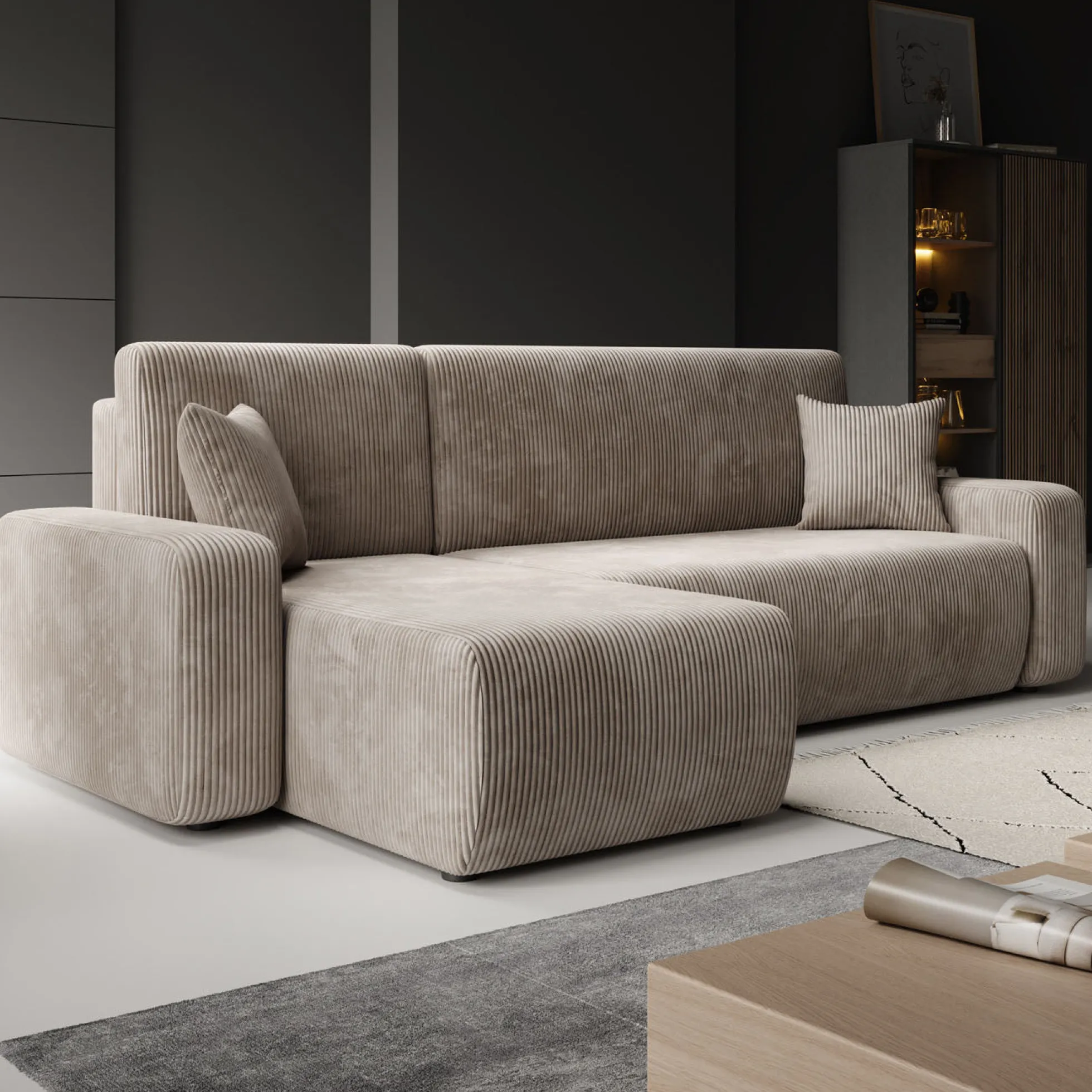 Prudence - Hoekbank 3-zits met chaise longue - Ribstof bruin - Univers