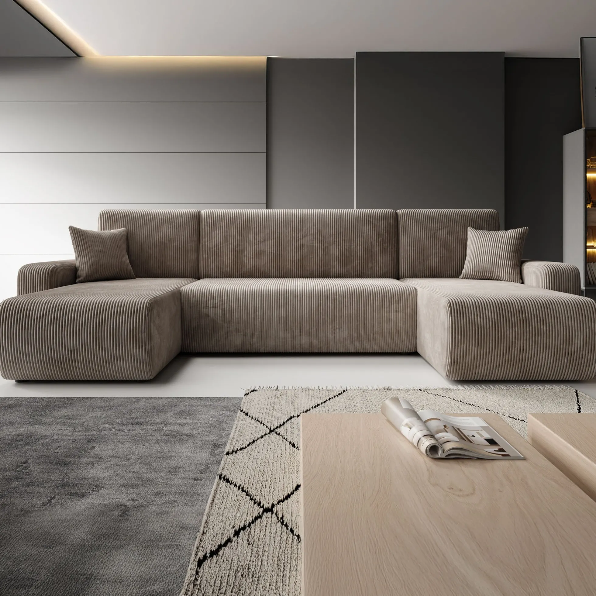 Prudence U - Hoekbank 4-zits met chaise longue - Ribstof bruin - Unive