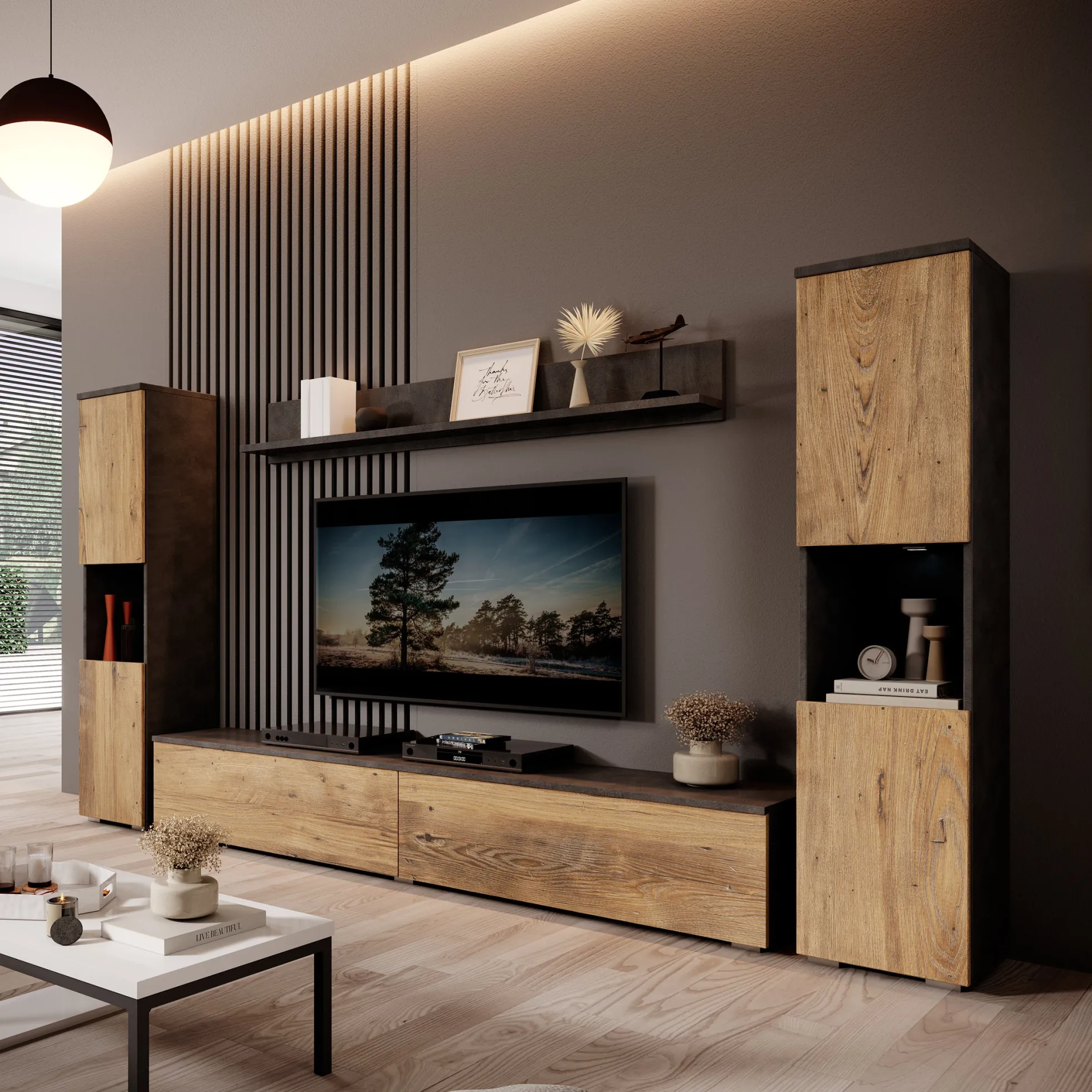 Pure XL - Wandmeubel - Eiken/Grijs - 180x33x130 cm