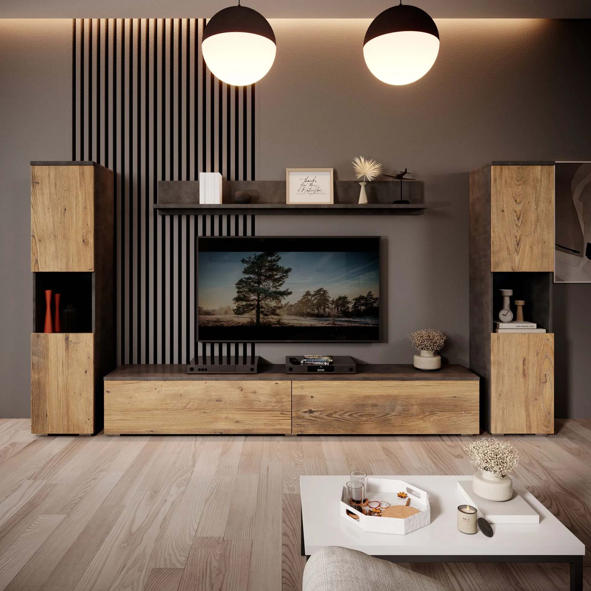 Pure XL - Wandmeubel - Eiken/Grijs - 180x33x130 cm
