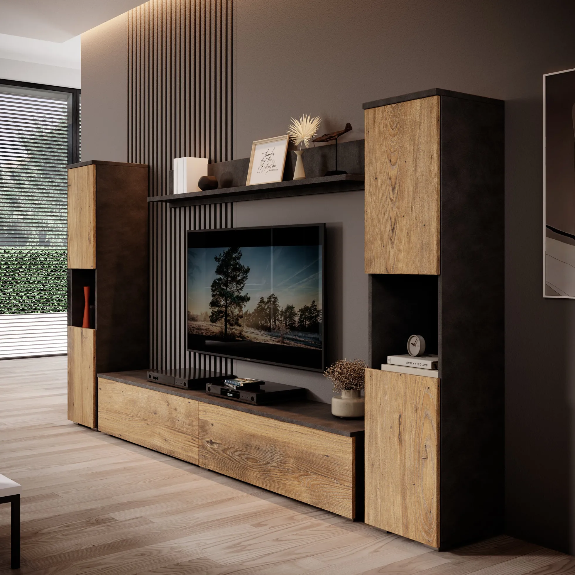 Pure XL - Wandmeubel - Eiken/Grijs - 180x33x130 cm