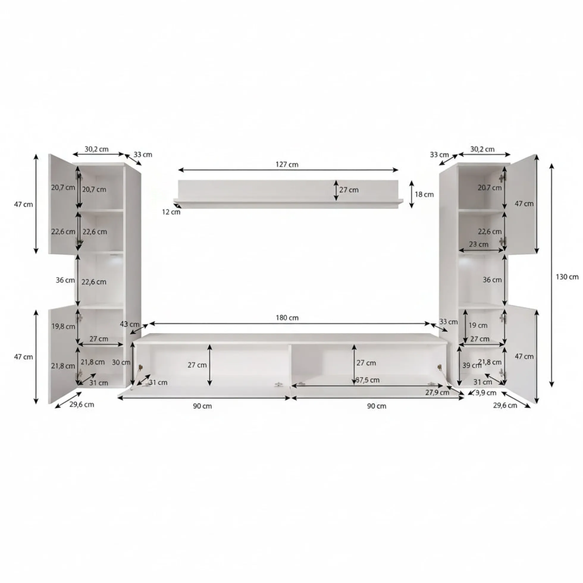 Pure XL - Wandmeubel - Wit - 180x33x130 cm