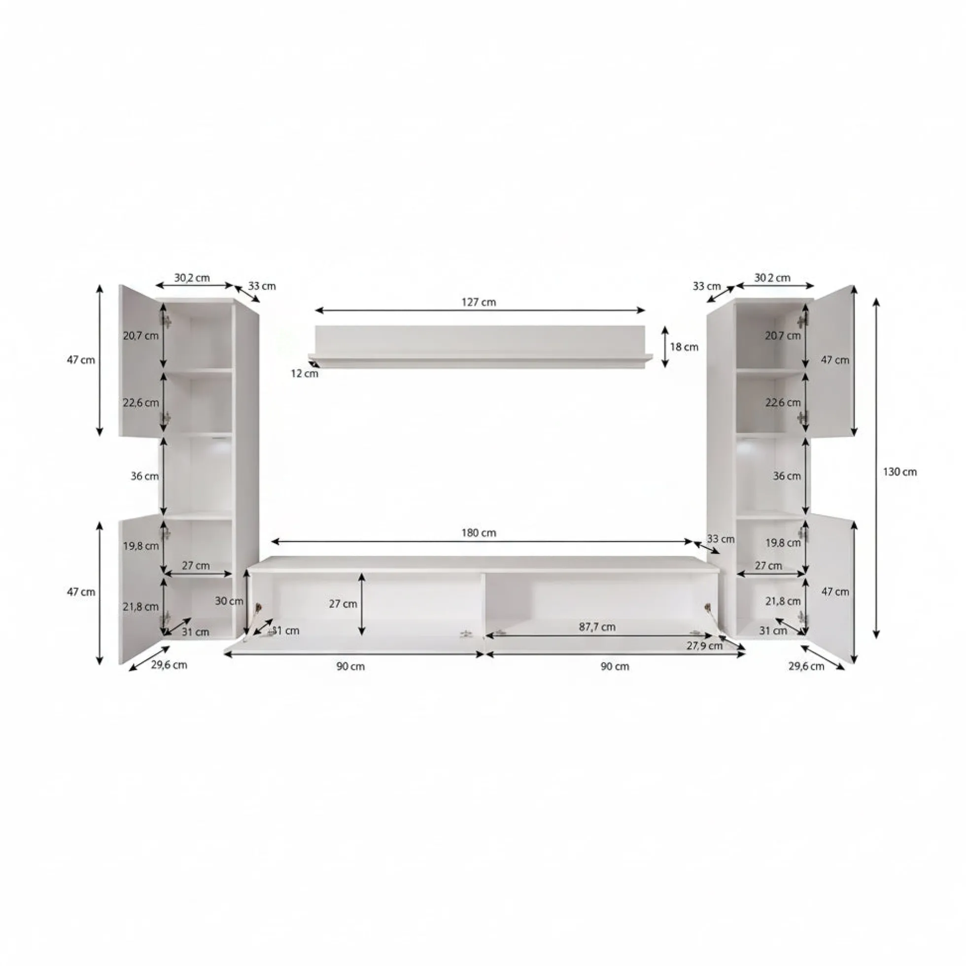 Pure XL - Wandmeubel - Zwart - 180x33x130 cm