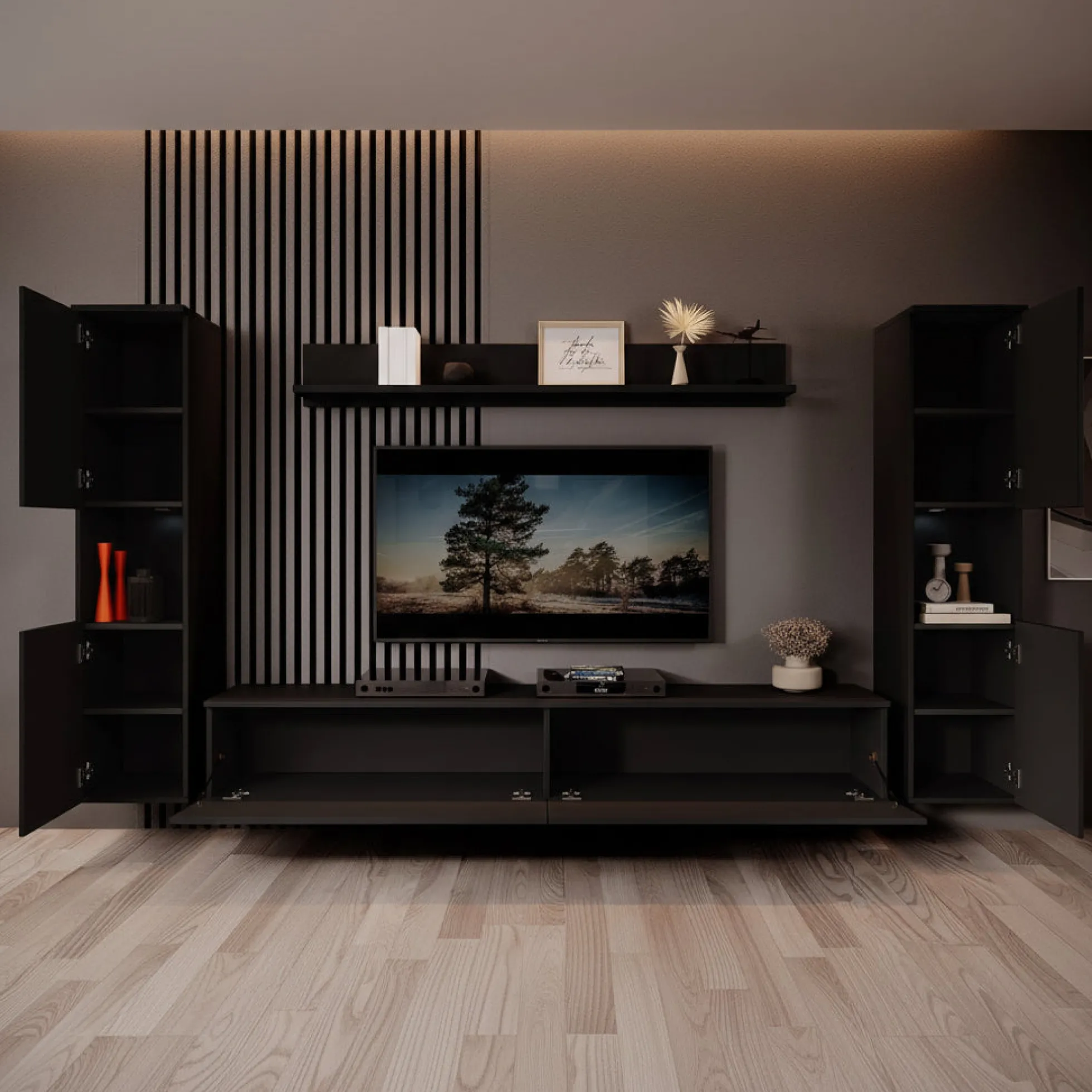 Pure XL - Wandmeubel - Zwart - 180x33x130 cm