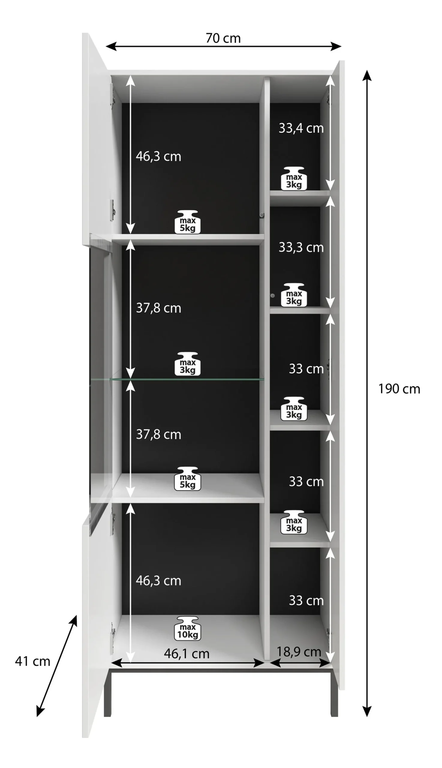 Queen - Vitrinekast - Zwart - 70x41x190 cm