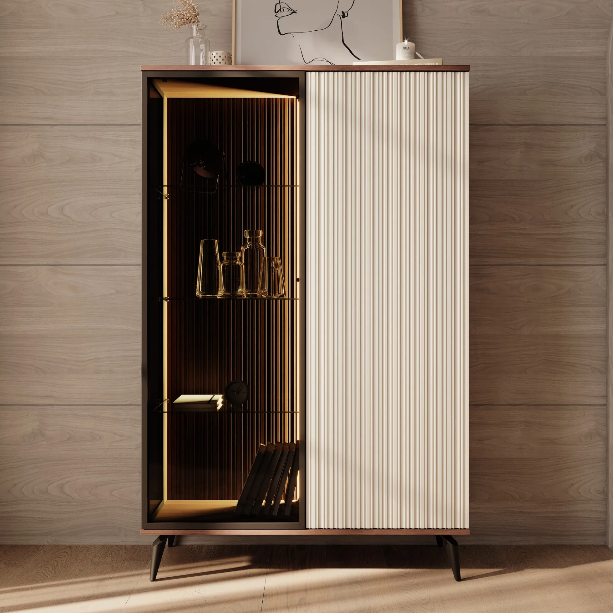 Riverhead - Vitrinekast - Beige/Eiken - 103x39x162 cm