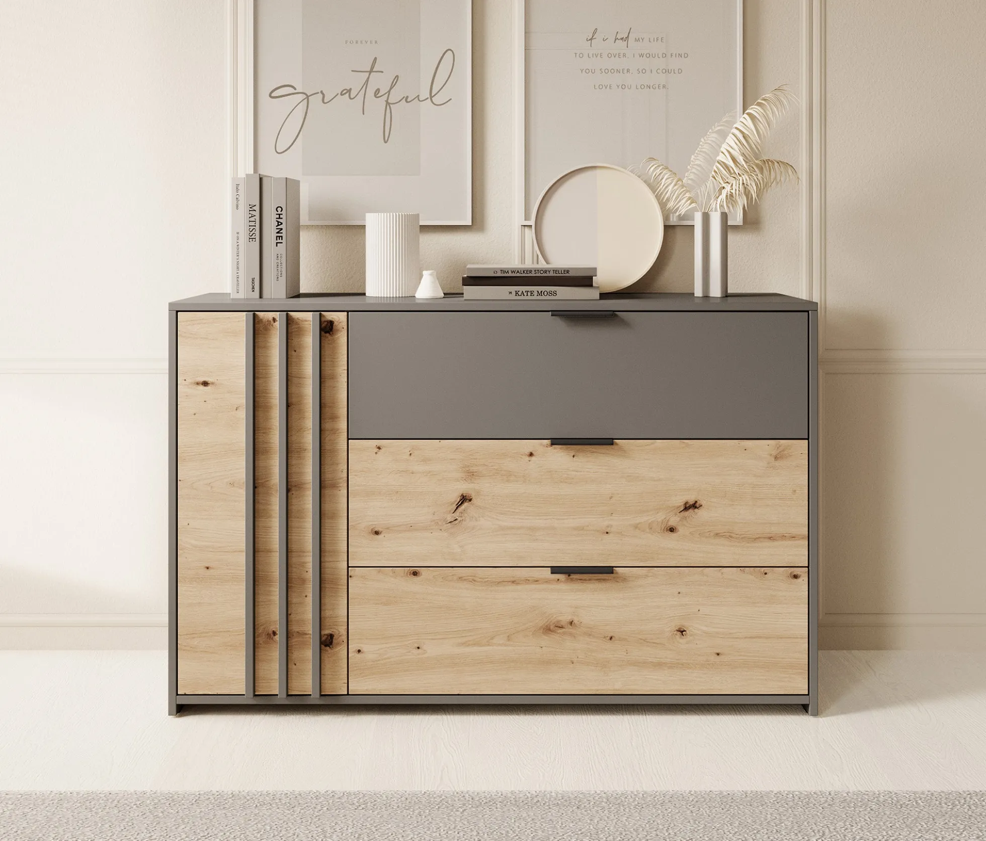 Roma - Dressoir - Grijs/eiken - 125x35x80 cm