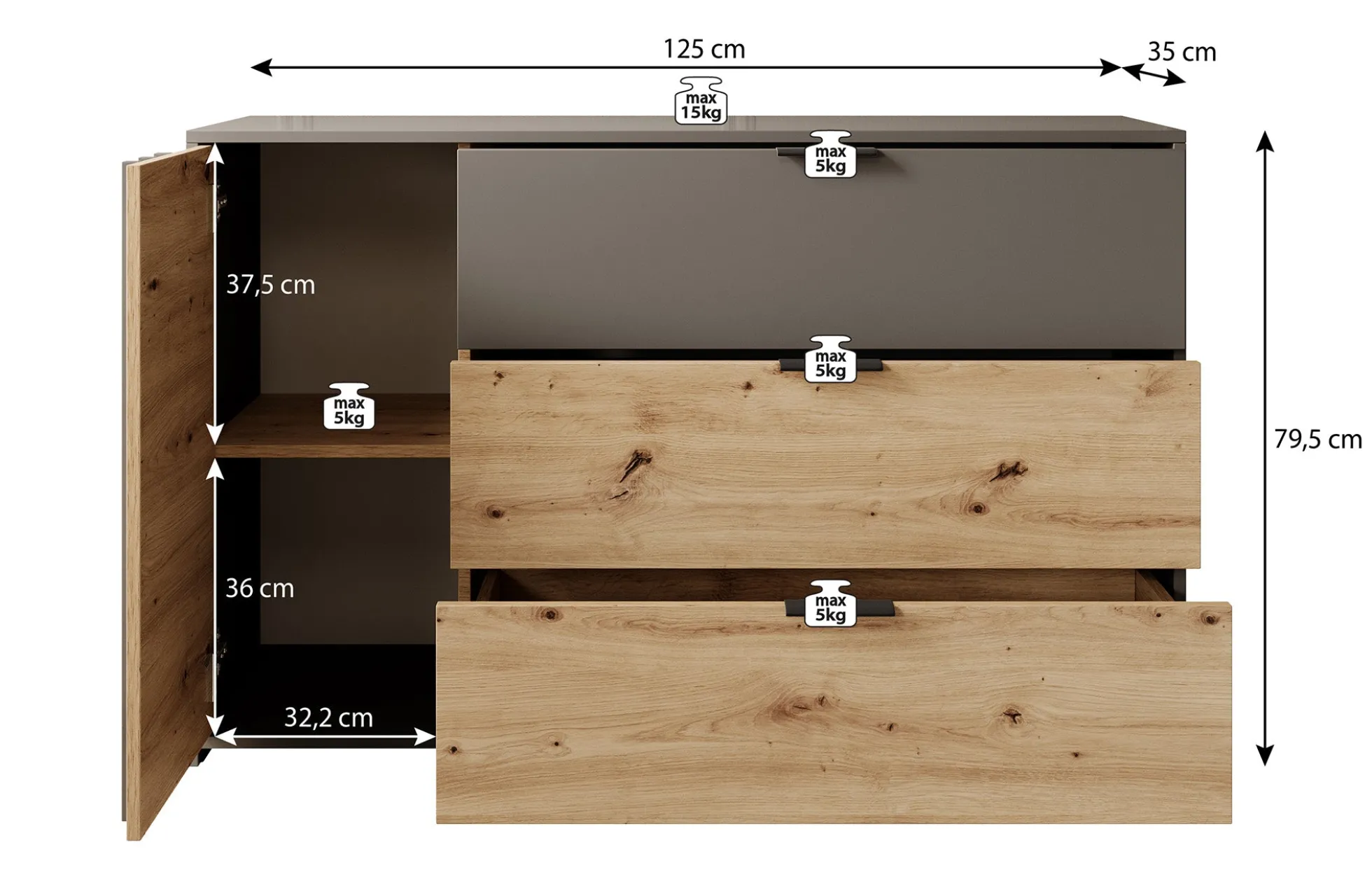 Roma - Dressoir - Grijs/eiken - 125x35x80 cm