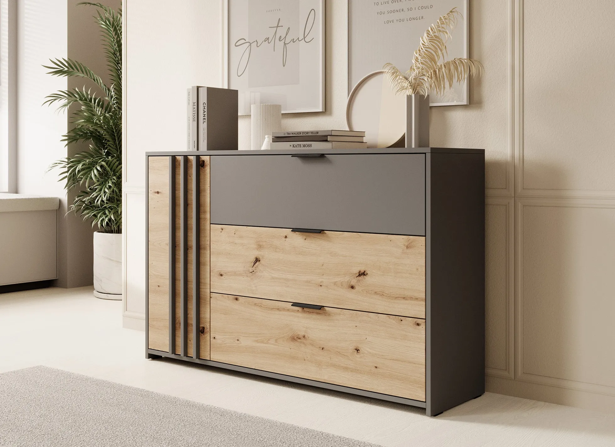 Roma - Dressoir - Grijs/eiken - 125x35x80 cm