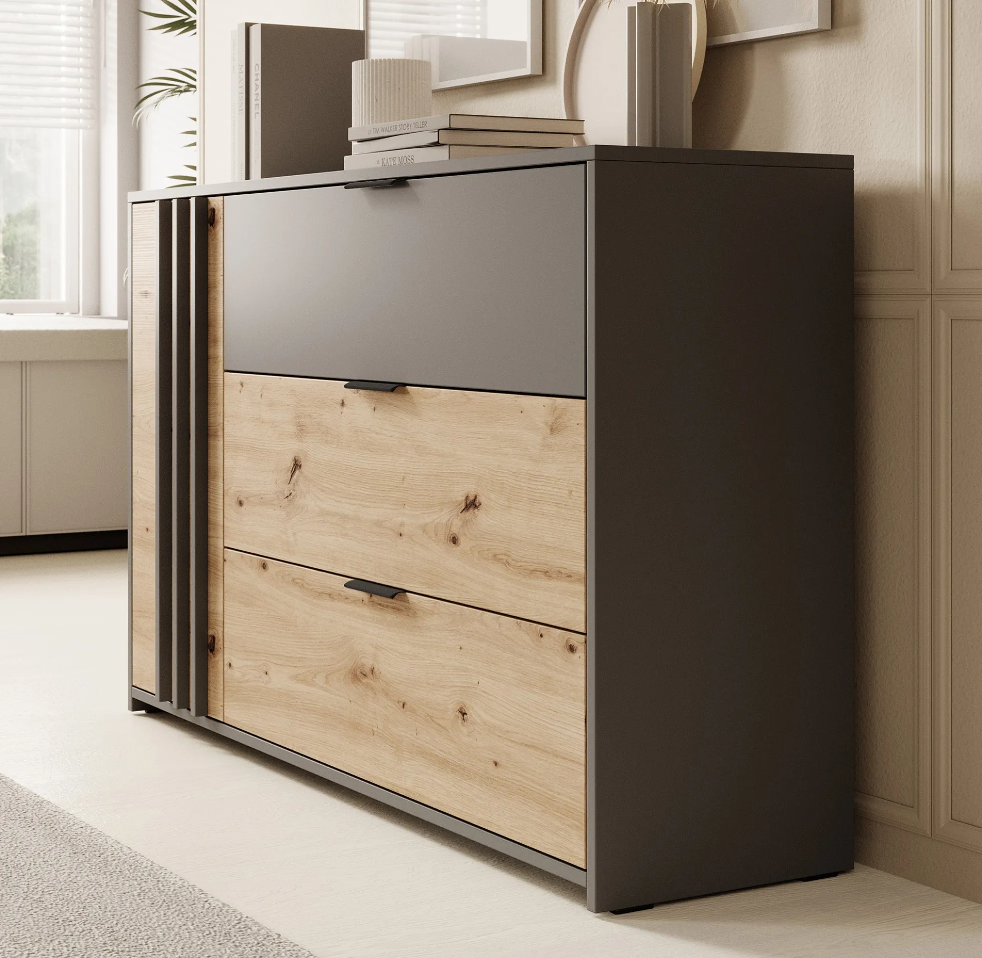 Roma - Dressoir - Grijs/eiken - 125x35x80 cm