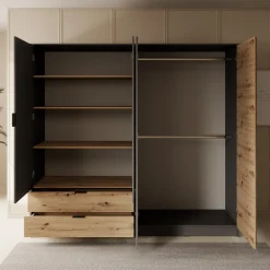 Roma - Kledingkast 4-deurs - Grijs/eiken - 221x54x203 cm