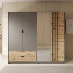 Roma - Kledingkast 4-deurs - Grijs/eiken - 221x54x203 cm