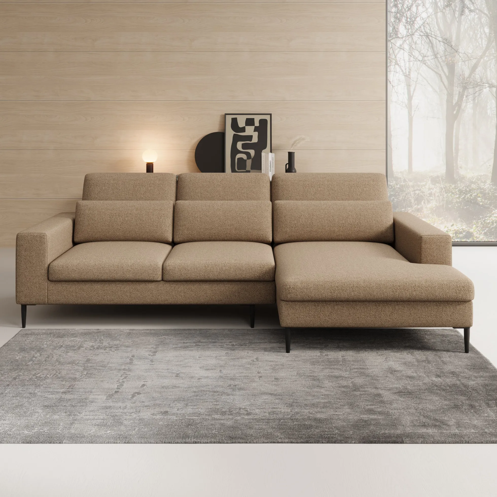 Rosano - Hoekbank 3-zits met chaise longue - Stof beige - Rechts