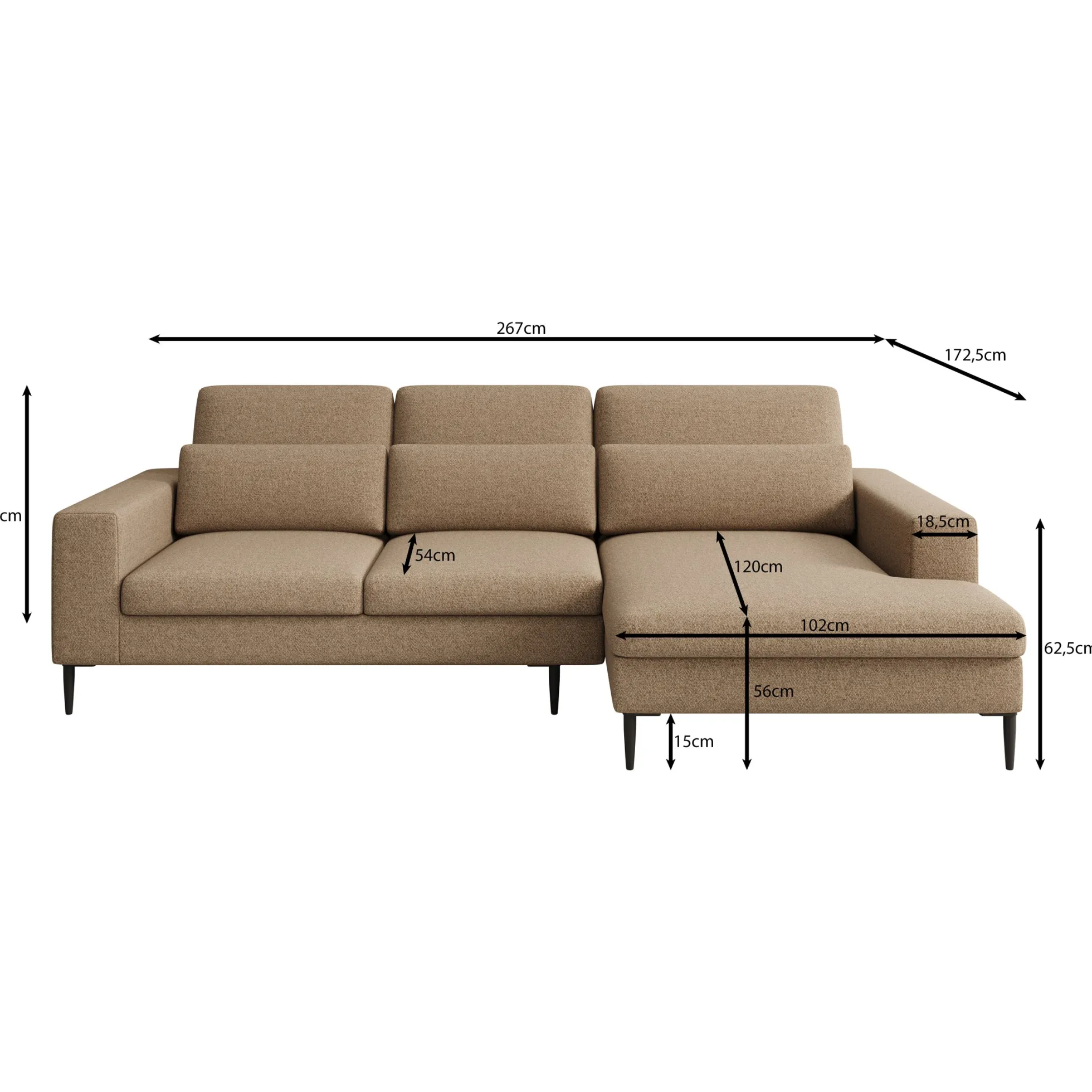 Rosano - Hoekbank 3-zits met chaise longue - Stof zwart - Rechts