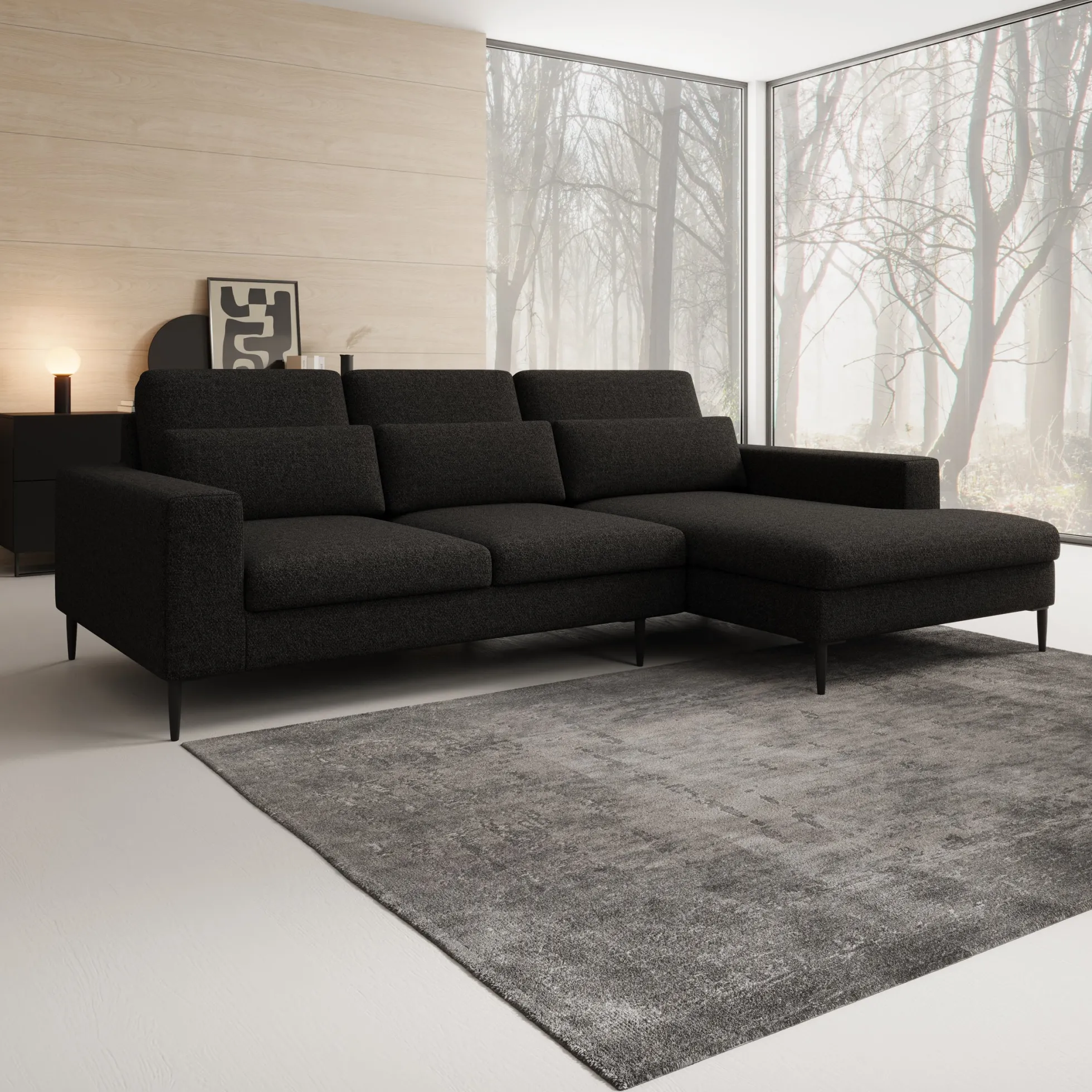 Rosano - Hoekbank 3-zits met chaise longue - Stof zwart - Rechts
