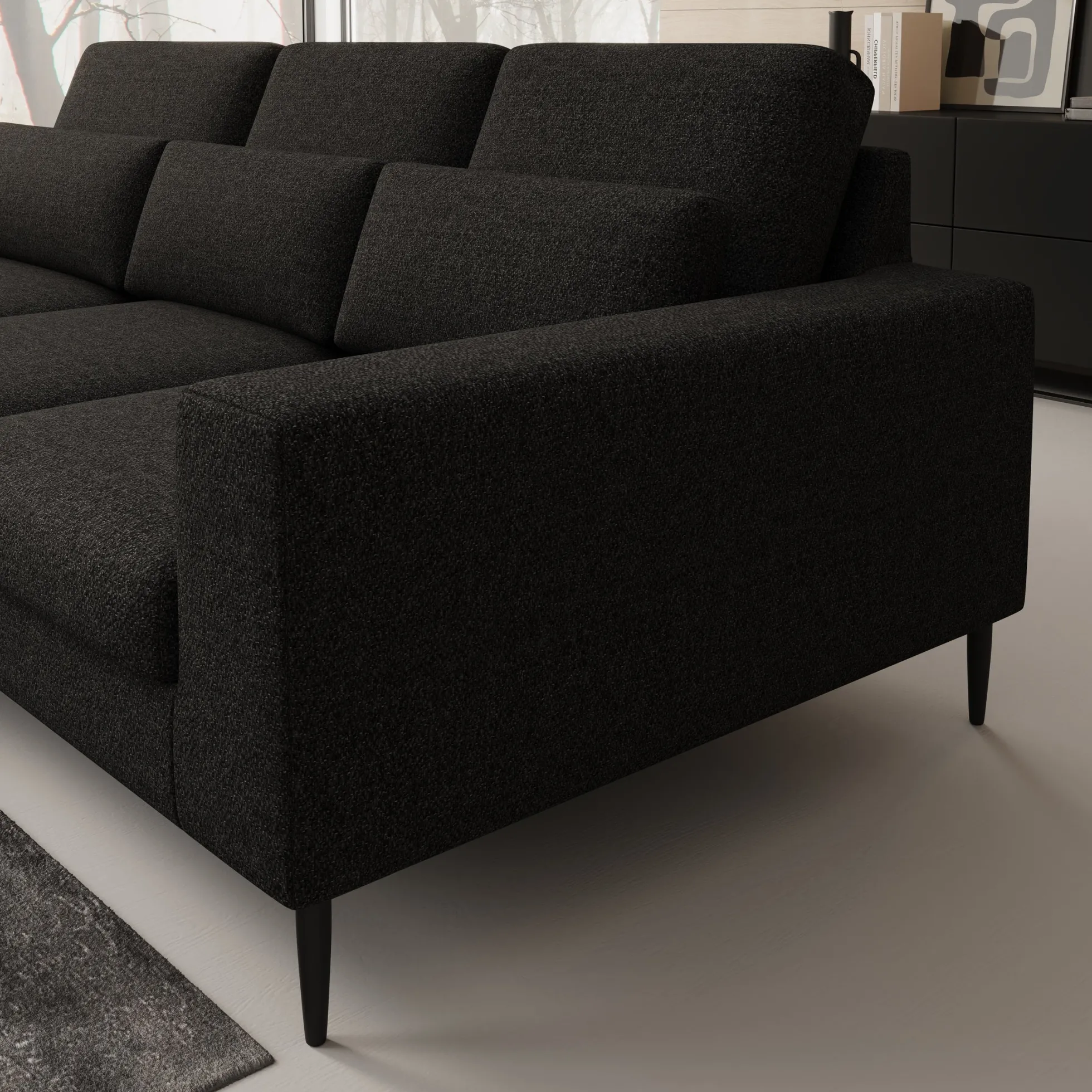 Rosano - Hoekbank 3-zits met chaise longue - Stof zwart - Links