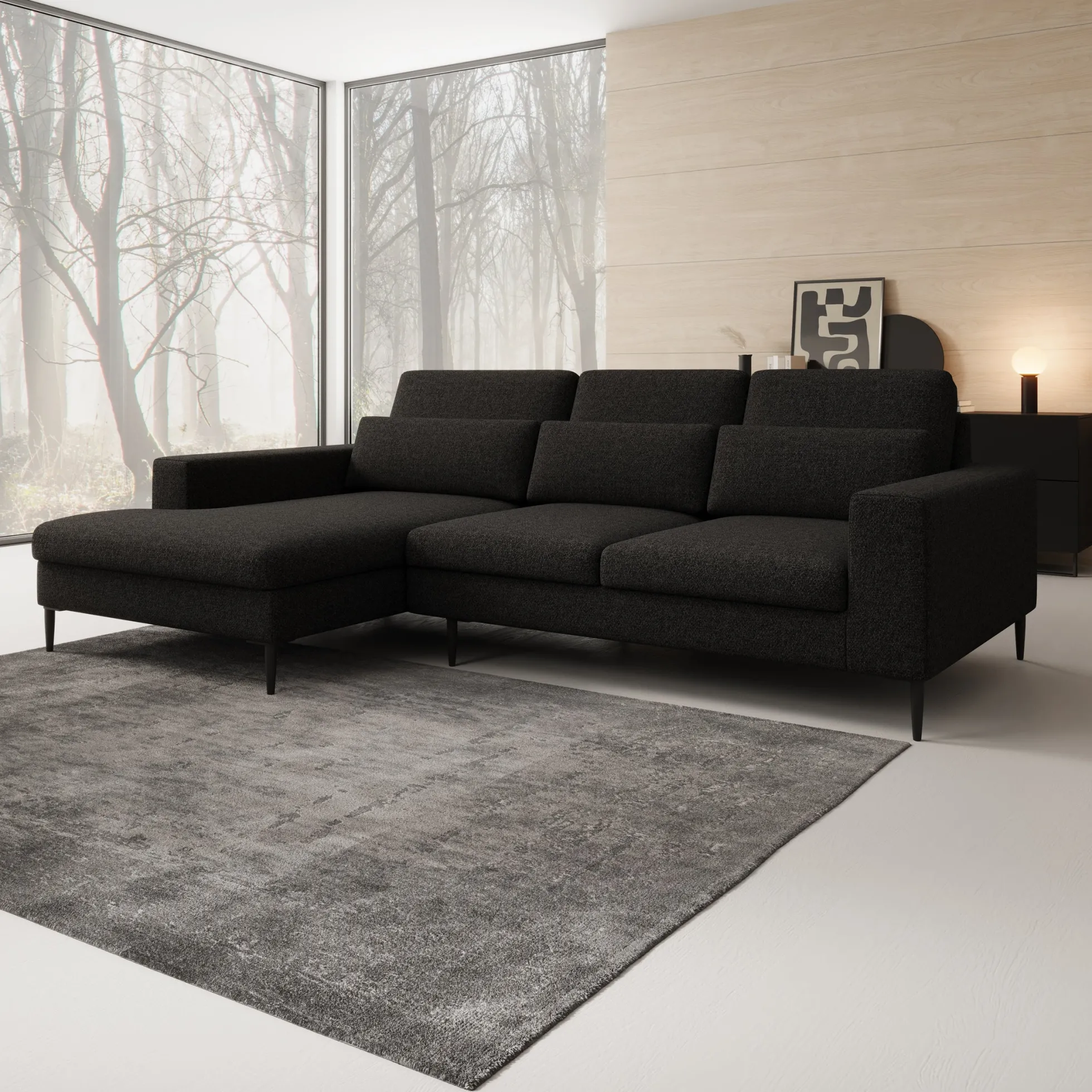 Rosano - Hoekbank 3-zits met chaise longue - Stof zwart - Links