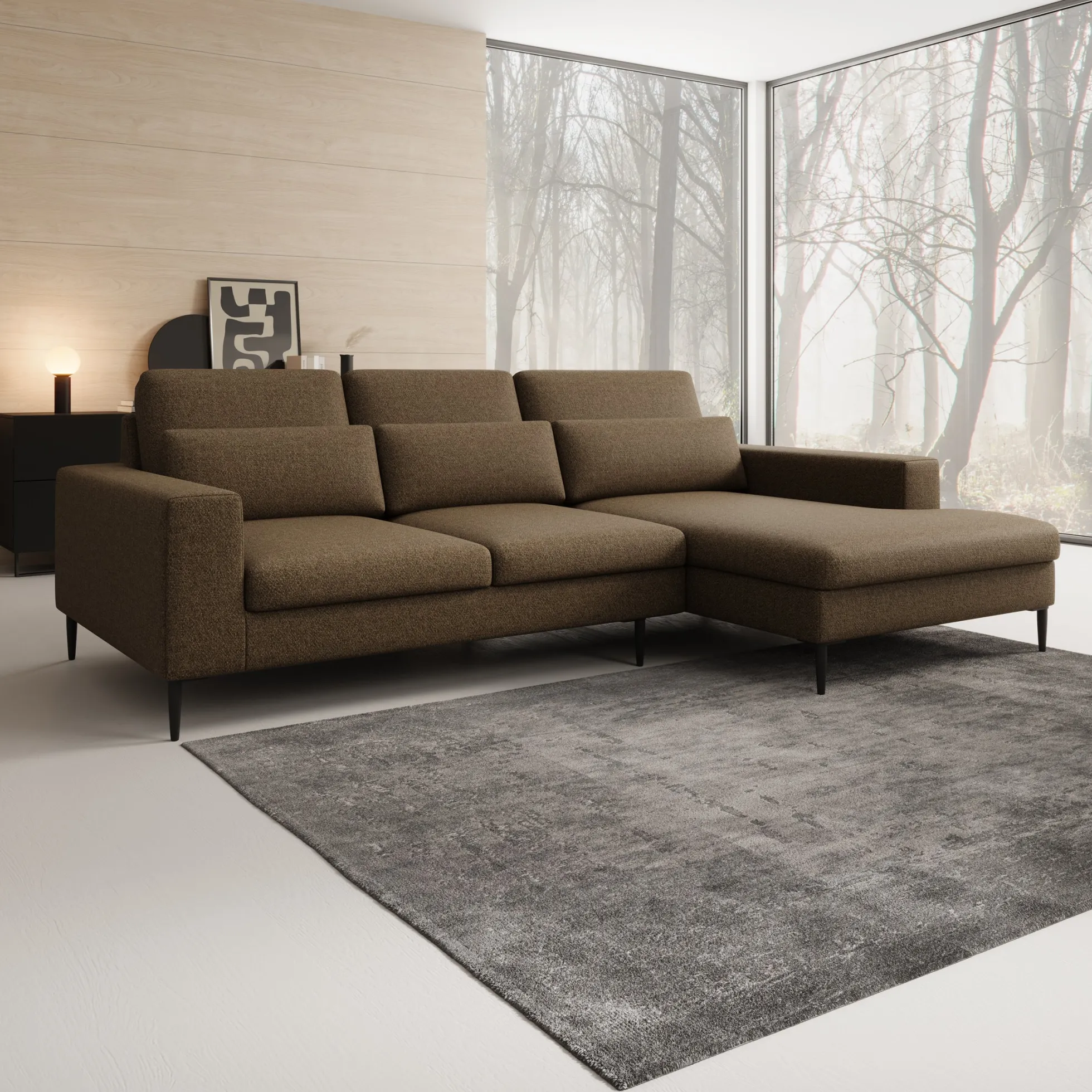 Rosano - Hoekbank 3-zits met chaise longue - Stof bruin - Rechts